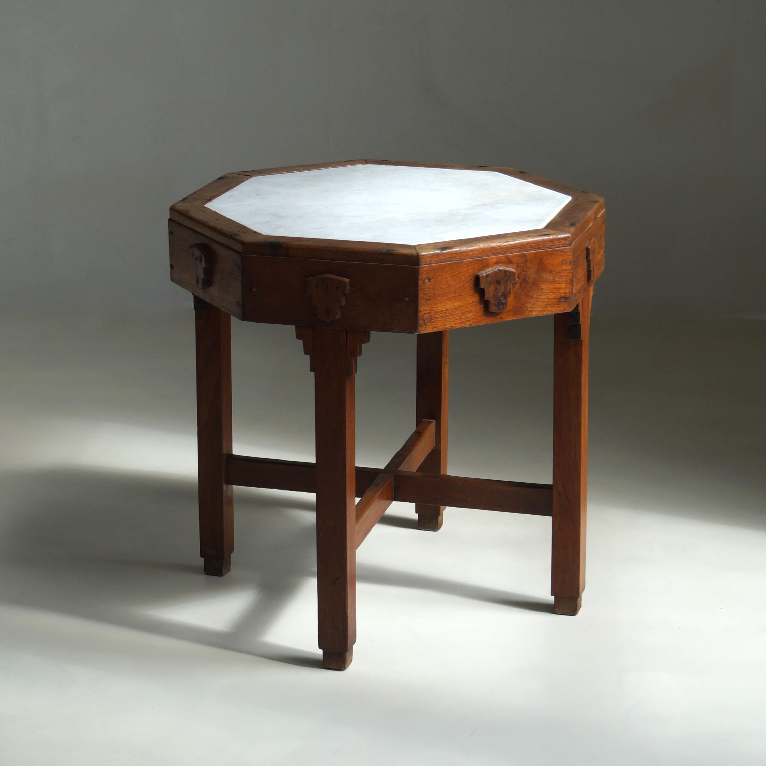 Amsterdam School Table with Marble Inlay, Dutch-Indonesian Art Deco, 1920s–30s For Sale 2
