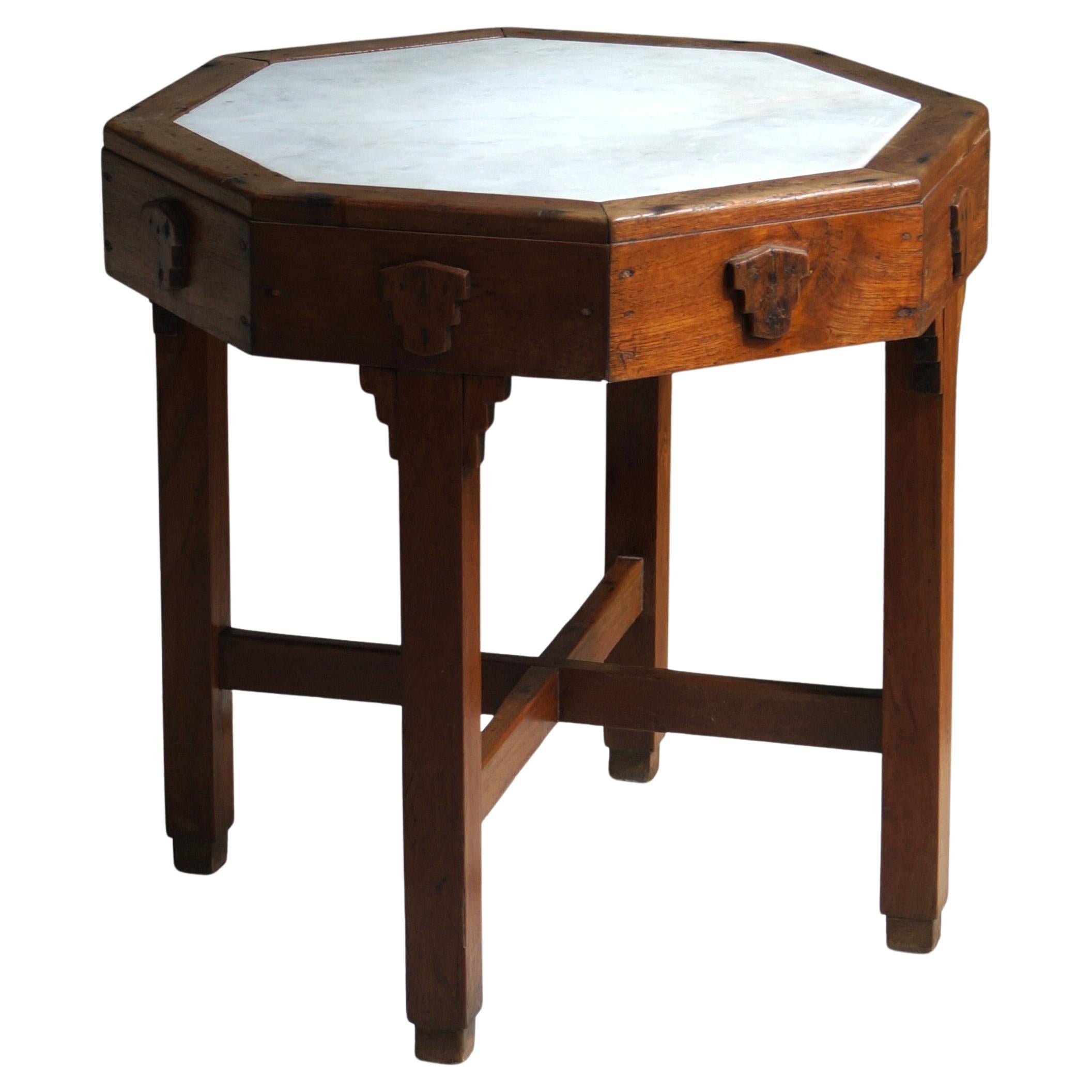 Amsterdam School Table with Marble Inlay, Dutch-Indonesian Art Deco, 1920s–30s For Sale