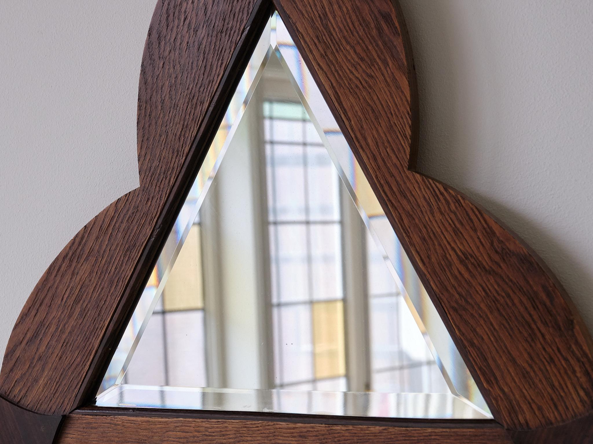 Art Deco Amsterdam School Trefoil Mirror in Oak and Ebony Macassar, Netherlands, 1930s