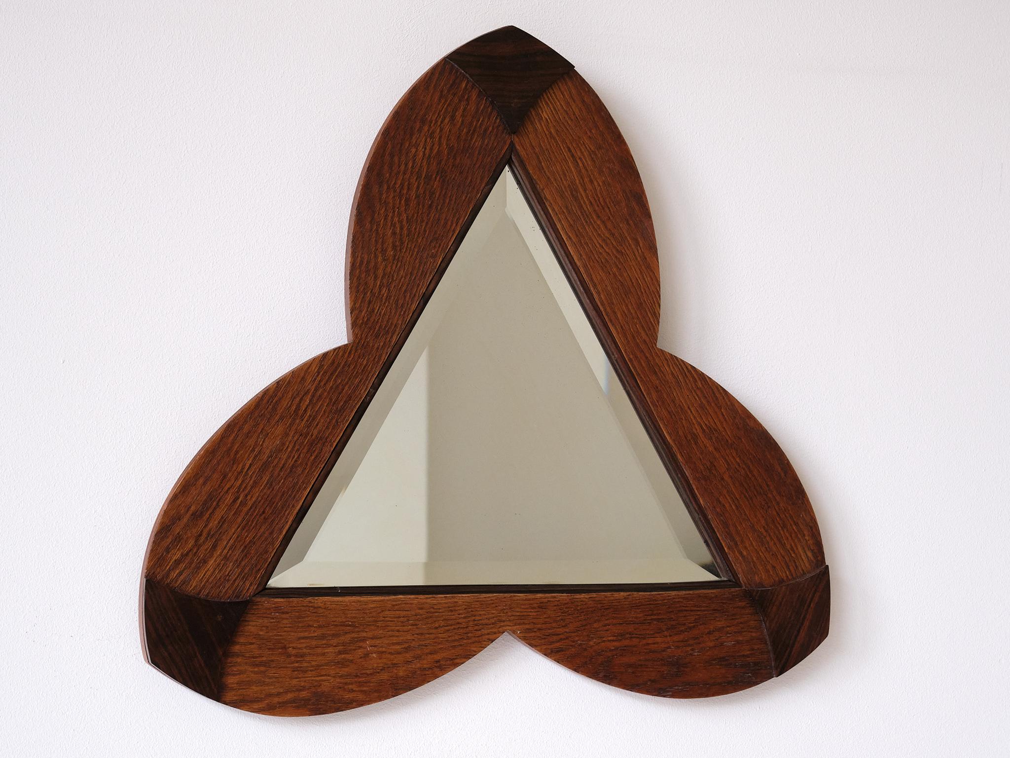 Dutch Amsterdam School Trefoil Mirror in Oak and Ebony Macassar, Netherlands, 1930s