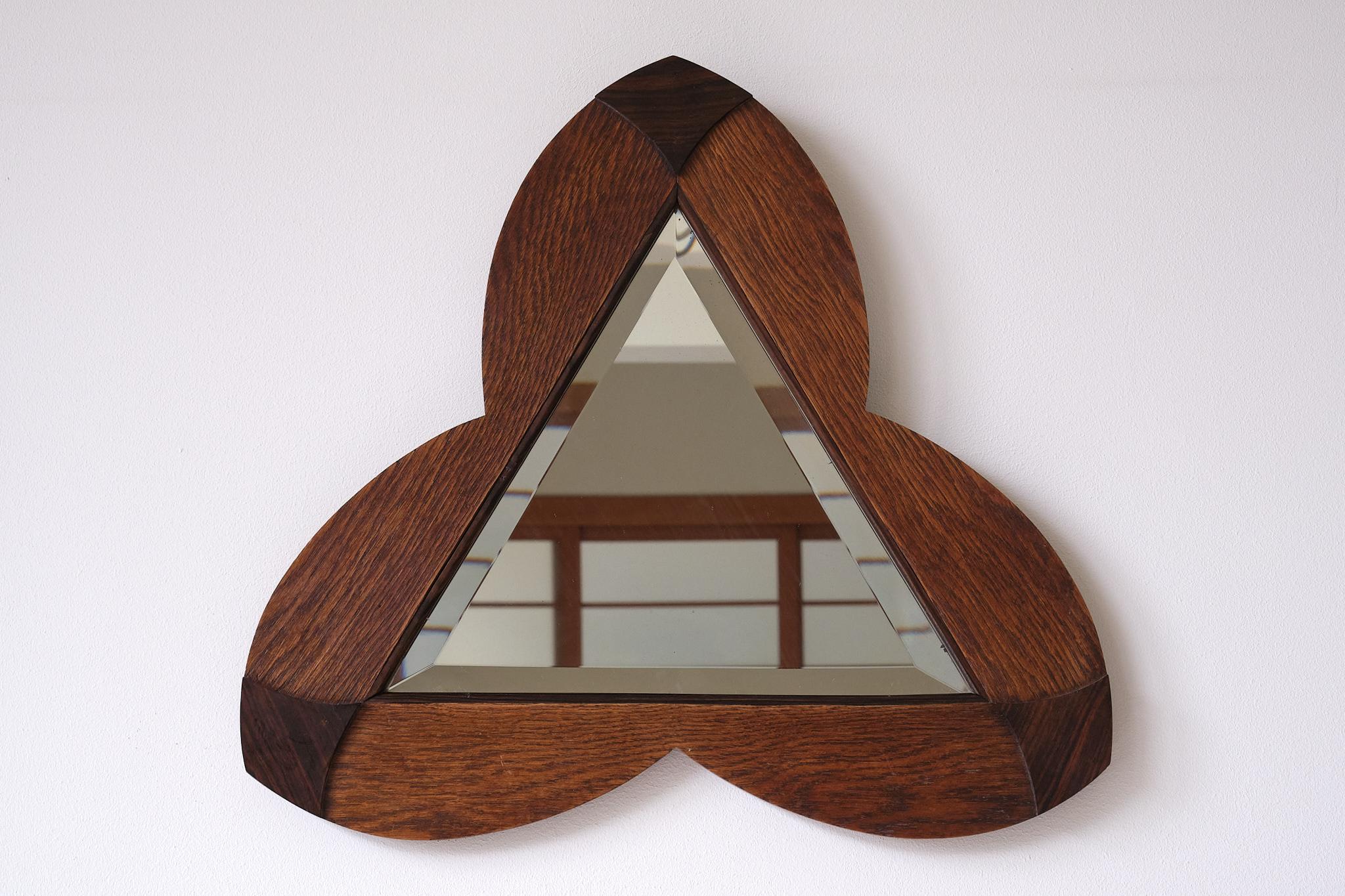 Mid-20th Century Amsterdam School Trefoil Mirror in Oak and Ebony Macassar, Netherlands, 1930s