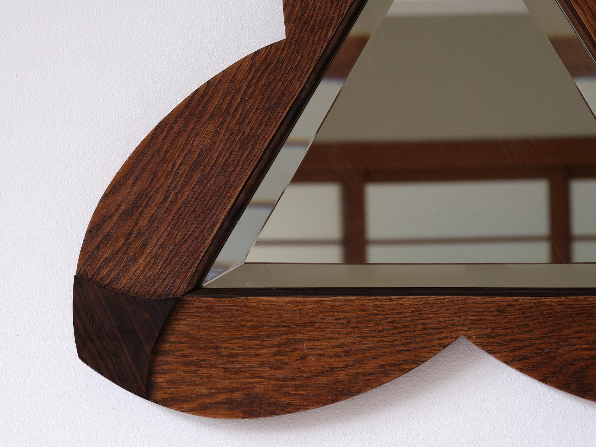 Amsterdam School Trefoil Mirror in Oak and Ebony Macassar, Netherlands, 1930s 1