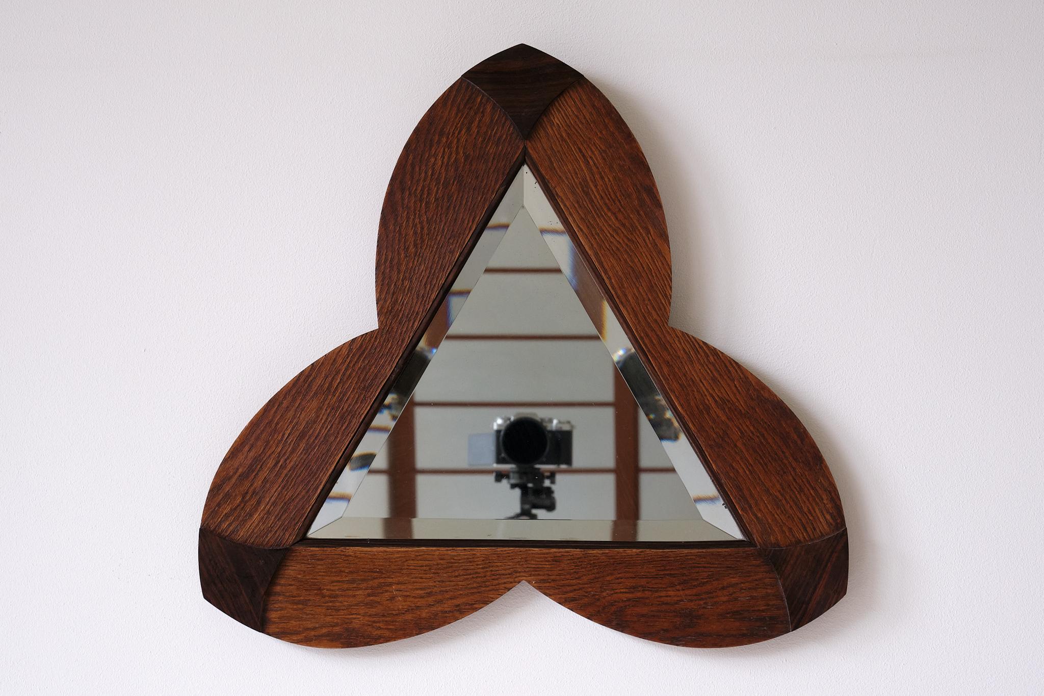 Amsterdam School Trefoil Mirror in Oak and Ebony Macassar, Netherlands, 1930s 2