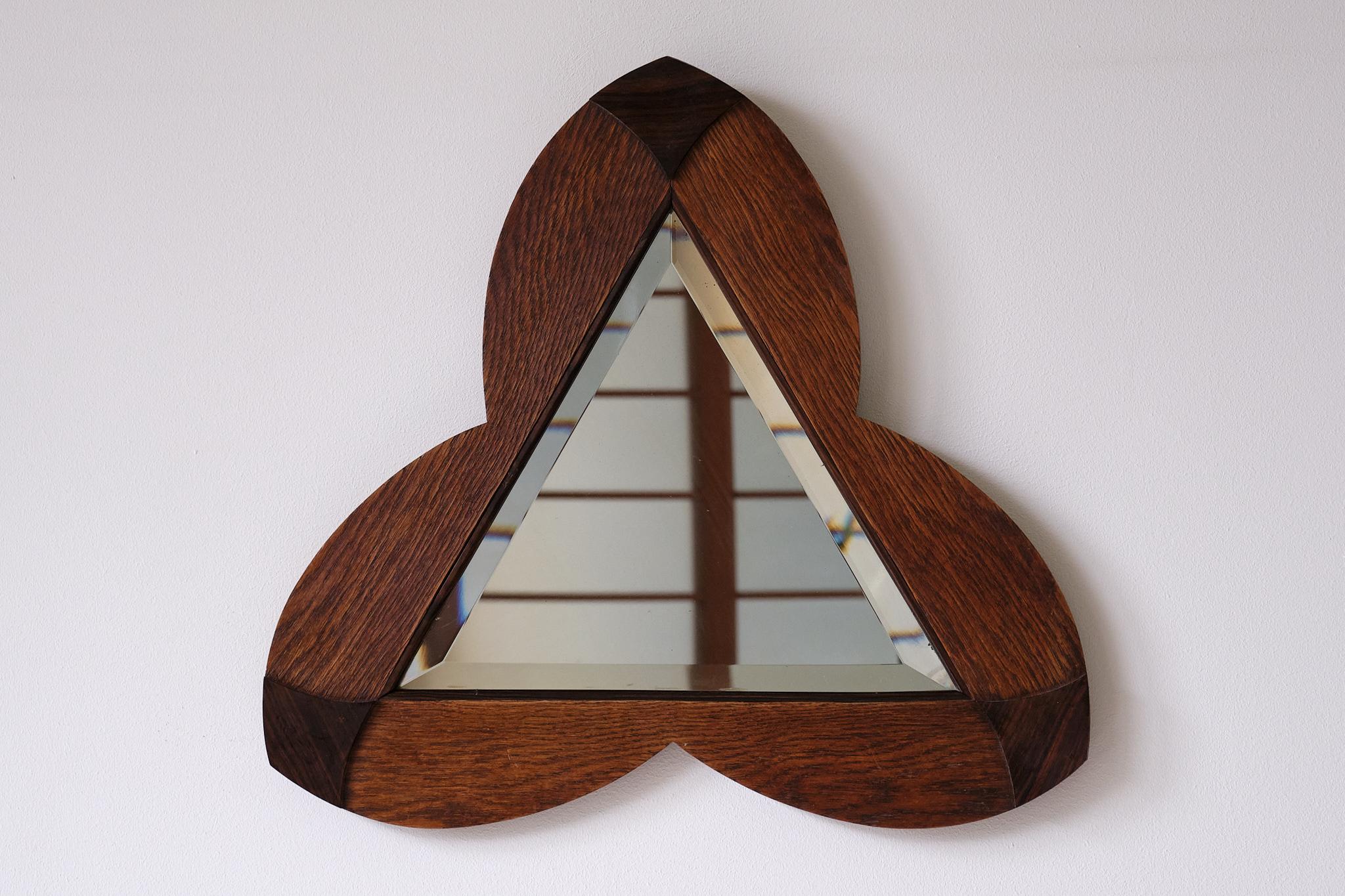 Amsterdam School Trefoil Mirror in Oak and Ebony Macassar, Netherlands, 1930s 3