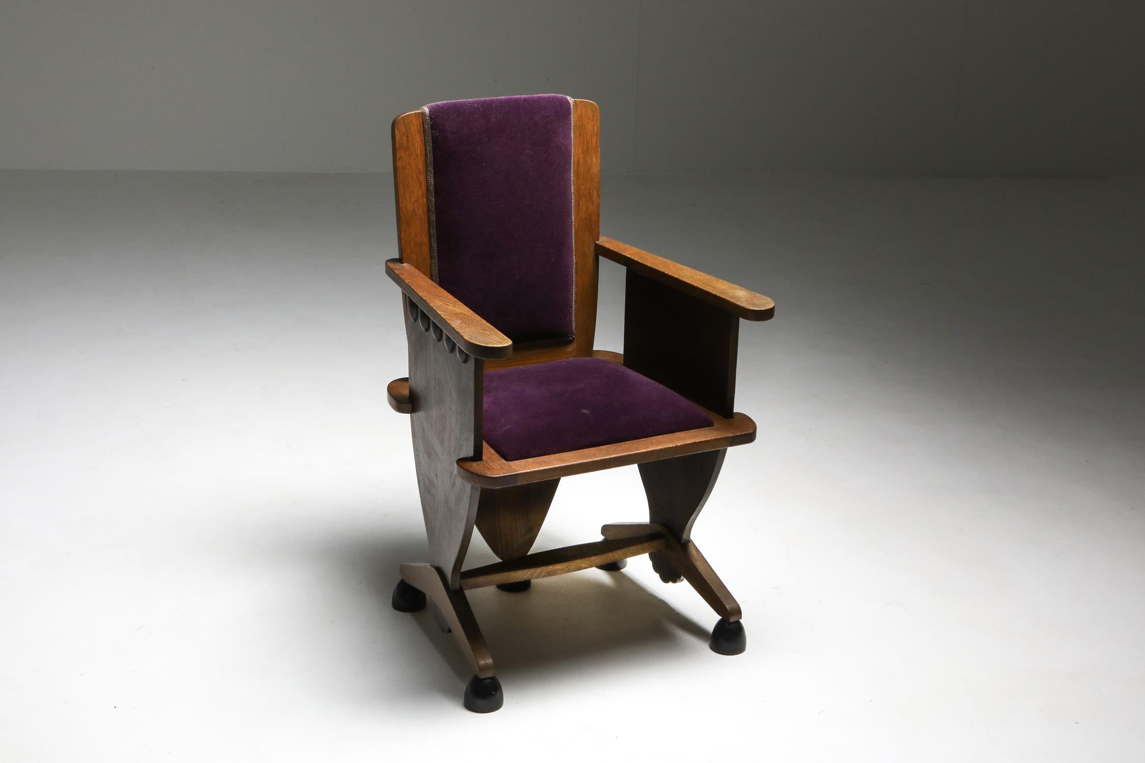 Unusual Dutch Art Deco armchair, 1930s, Netherlands

Stained oak sculptural armchair on five ebonized conic feet.
The sides and the back are like shields guarding you while seated.

 