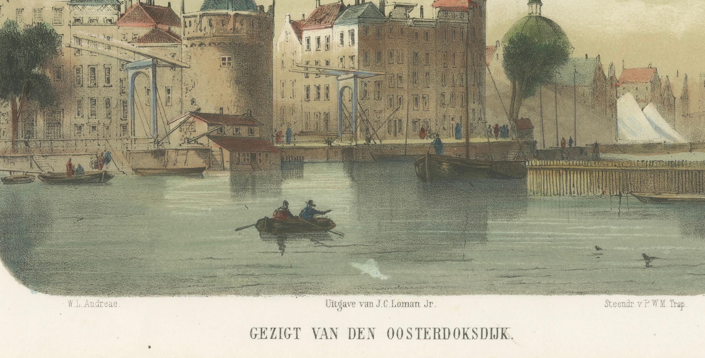 Amsterdam View from the Oosterdok, 19th Century Lithograph with Boats, 1855

This attractive 19th-century colored lithograph titled *Gezigt van den Oosterdoksdijk* presents a serene and historically rich view of Amsterdam as seen from the Oosterdok