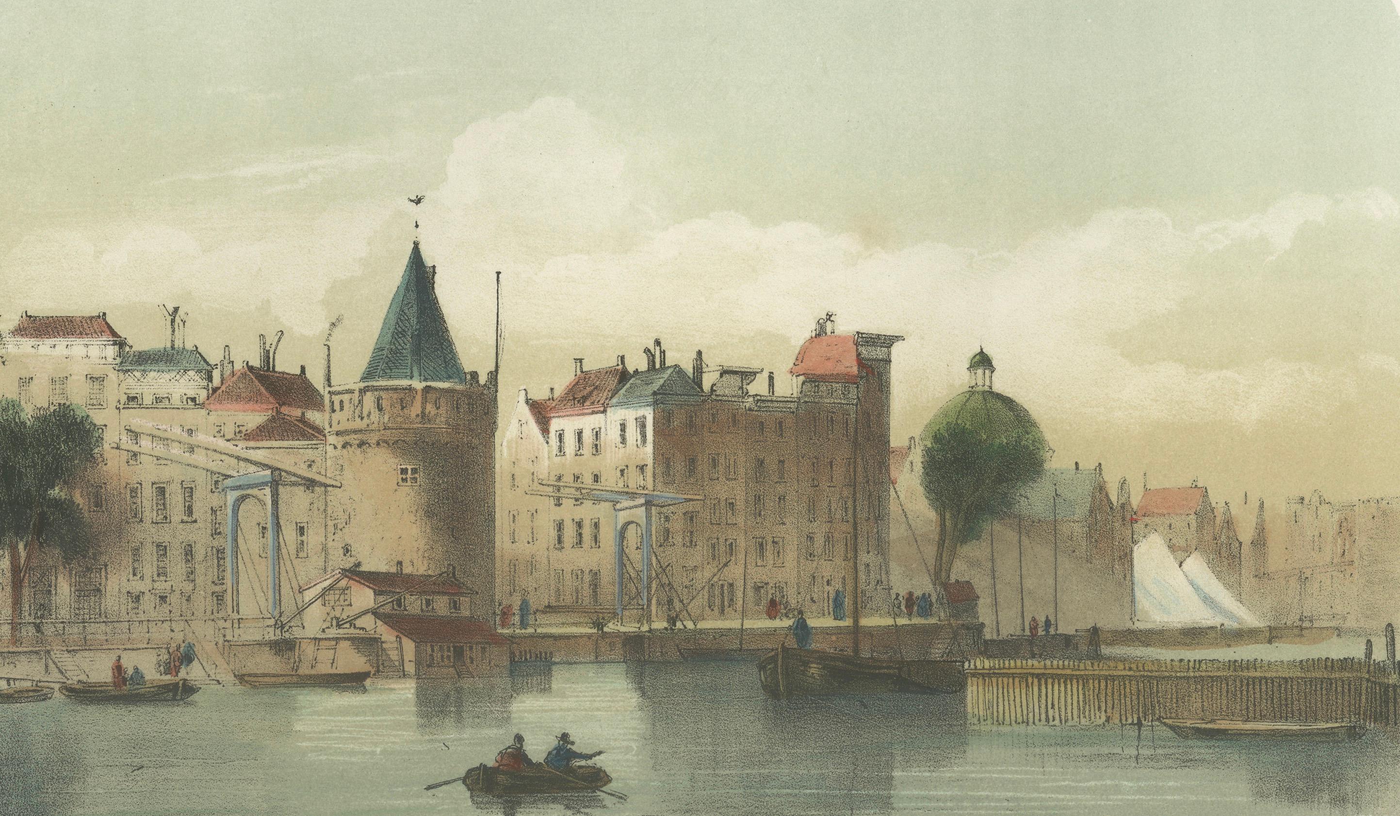 Vista de Amsterdam desde la Oosterdok, litografía del siglo XIX con barcos, 1855 en Bueno estado para la venta en Langweer, NL
