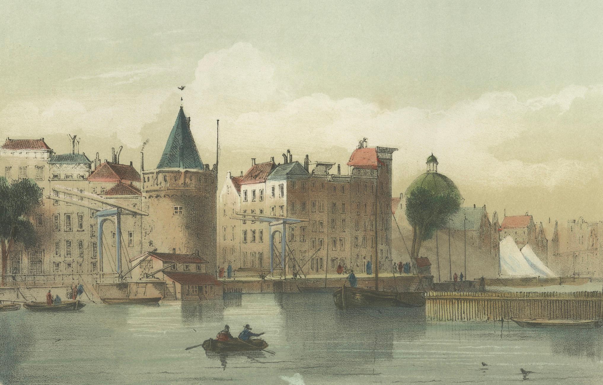 Vista de Amsterdam desde la Oosterdok, litografía del siglo XIX con barcos, 1855 Papel en venta