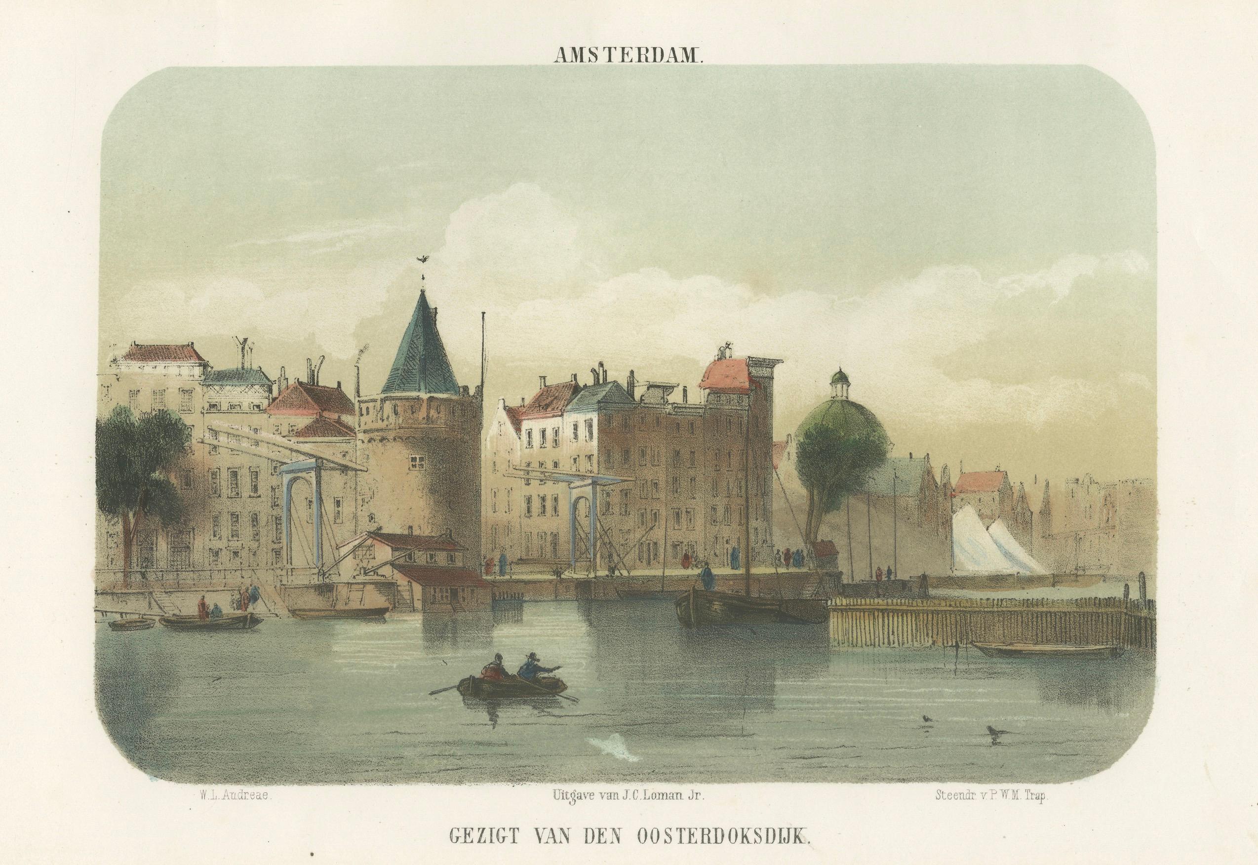 Vista de Amsterdam desde la Oosterdok, litografía del siglo XIX con barcos, 1855 en venta 1
