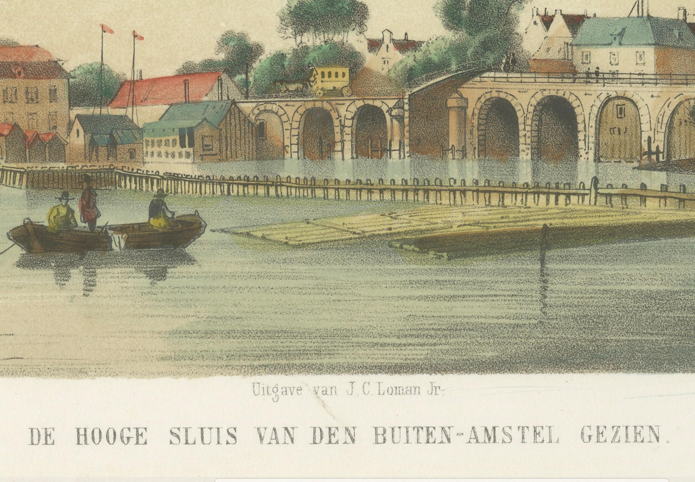 Amsterdam View of the Hoge Sluis and Amstel, 19th Century Colored Lithograph

This charming 19th-century hand-colored lithograph titled *De Hooge Sluis van den Buiten-Amstel Gezien* depicts a scenic and historically important view of the Hoge Sluis