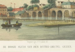Amsterdam View of the Hoge Sluis and Amstel, 19th Century Colored Lithograph
