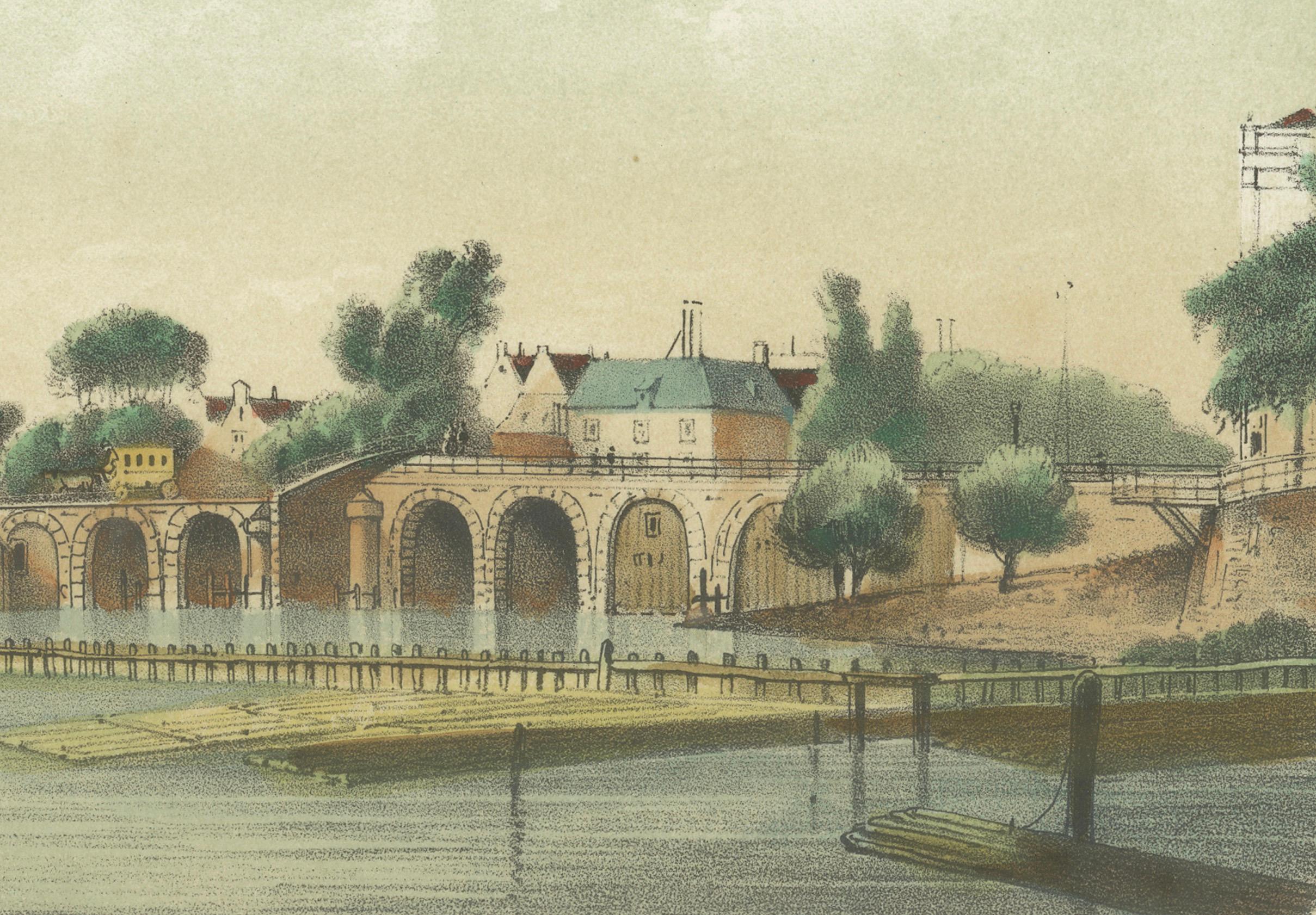 Amsterdam View of the Hoge Sluis and Amstel, 19th Century Colored Lithograph In Good Condition For Sale In Langweer, NL