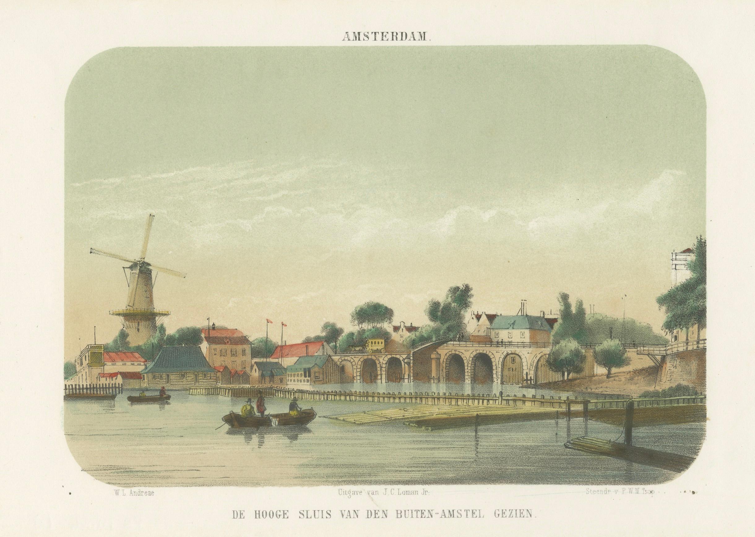 Amsterdam View of the Hoge Sluis and Amstel, 19th Century Colored Lithograph For Sale 2