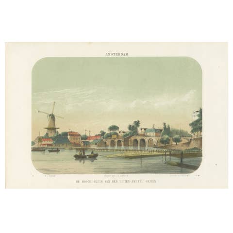 Amsterdam View of the Hoge Sluis and Amstel, 19th Century Colored Lithograph