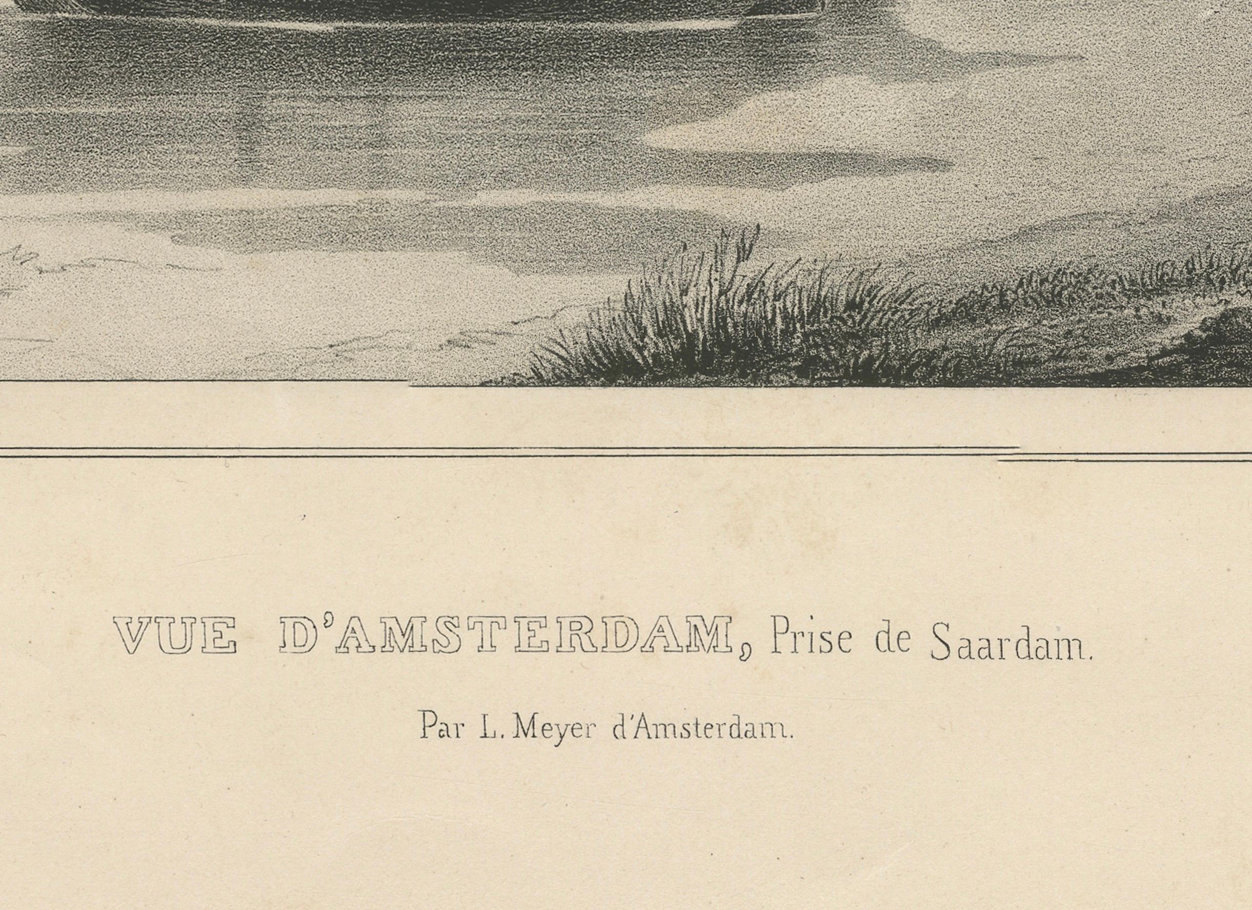 Titolo: Vista di Amsterdam con navi e pattinatori su ghiaccio - Vue d'Amsterdam

Questa splendida litografia del XIX secolo, intitolata Vue d'Amsterdam, prise de Saardam, mostra una pittoresca scena invernale lungo i corsi d'acqua di Amsterdam.