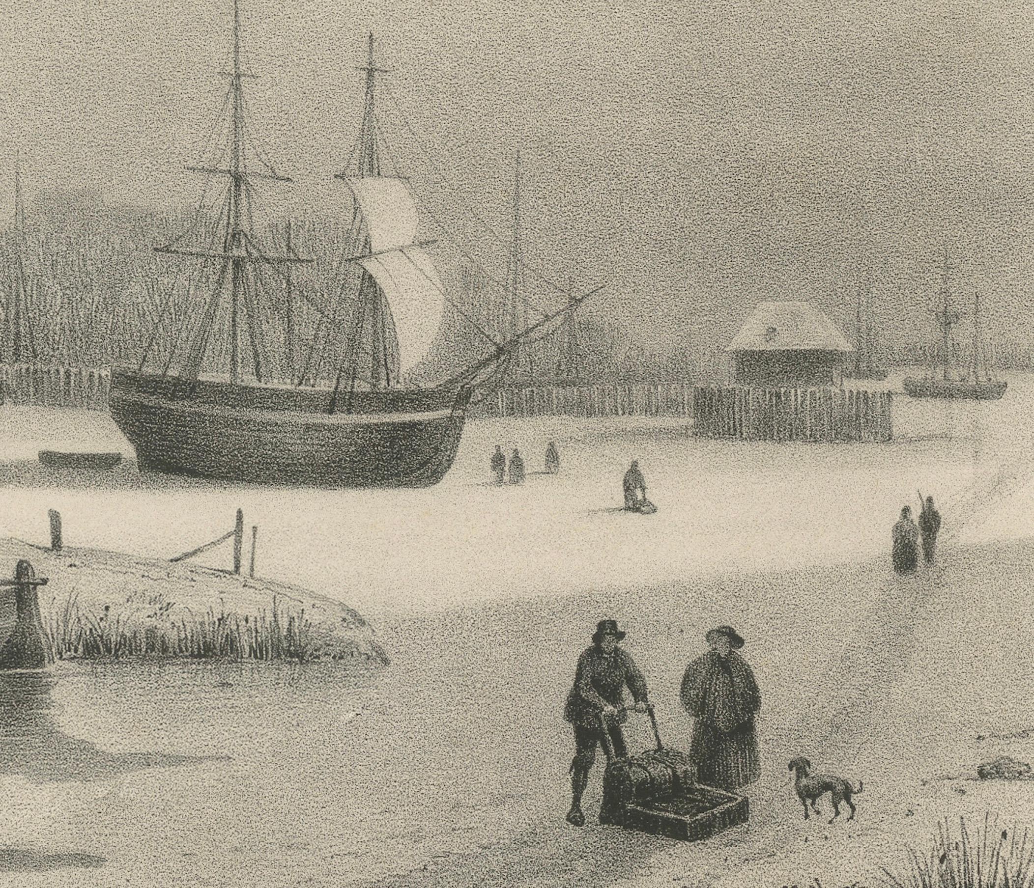 Inciso Veduta di Amsterdam con navi e pattinatori sul ghiaccio - Vue d'Amsterdam, 1850 circa in vendita