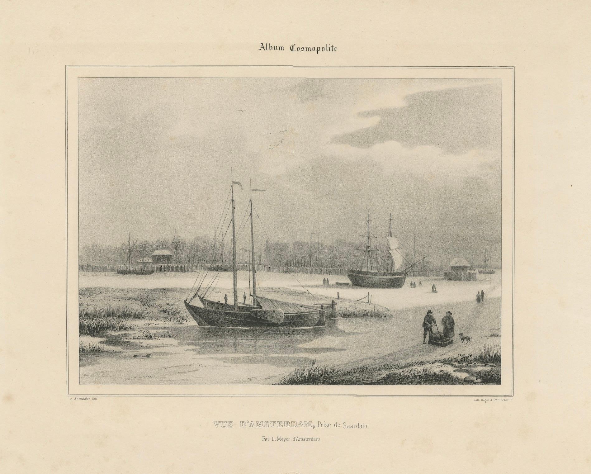 Carta Veduta di Amsterdam con navi e pattinatori sul ghiaccio - Vue d'Amsterdam, 1850 circa in vendita