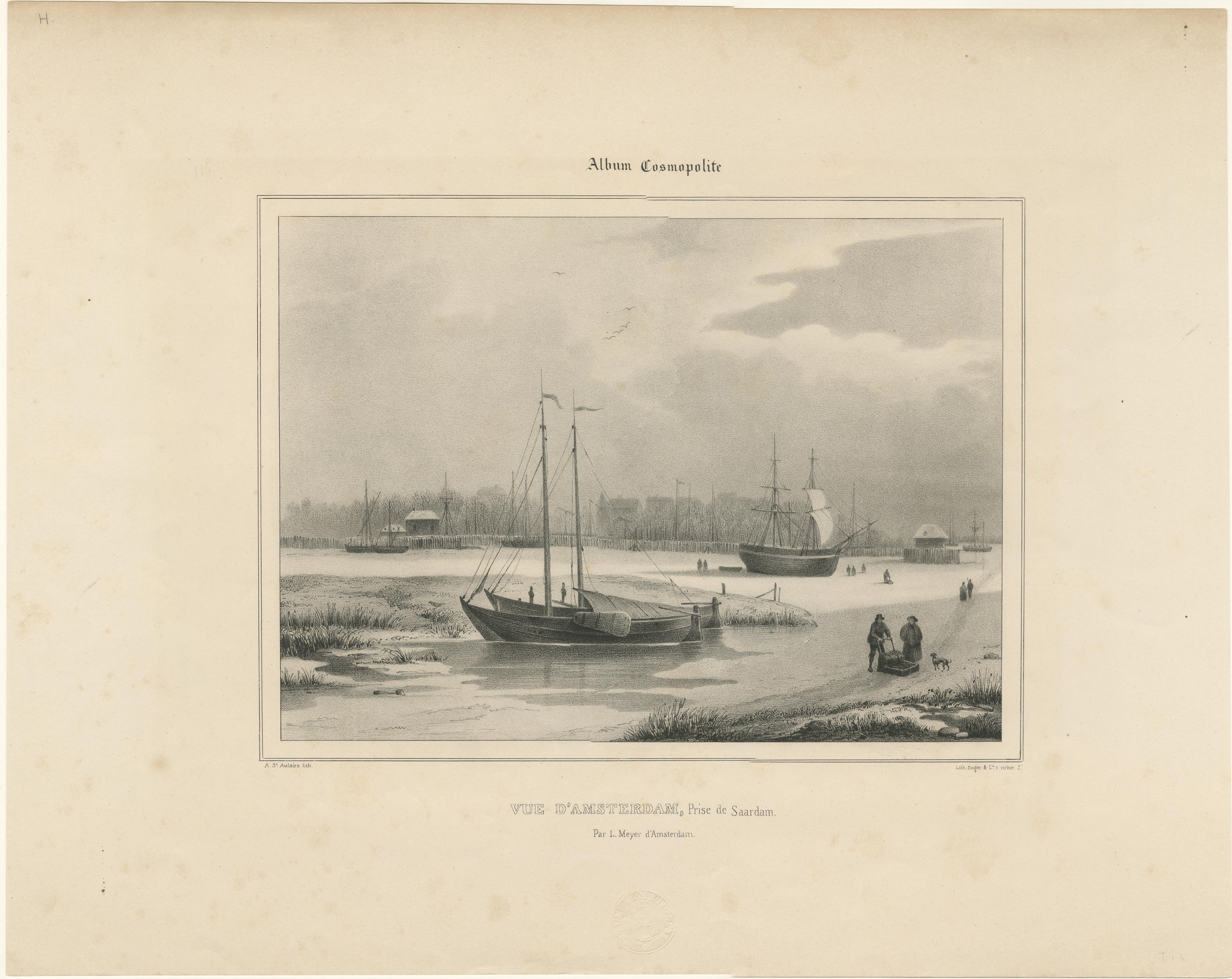 Veduta di Amsterdam con navi e pattinatori sul ghiaccio - Vue d'Amsterdam, 1850 circa in vendita 1