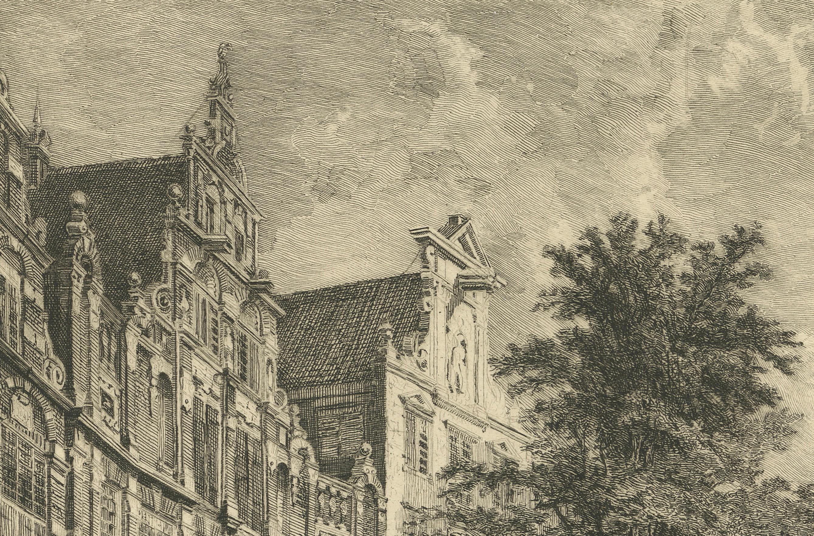 Die elegante Herengracht in Amsterdam: Historische Grachten-Szene, um 1870

Diese bezaubernde Radierung aus dem 19. Jahrhundert zeigt die zeitlose Eleganz der Amsterdamer Gracht Herengracht in der Nähe der Warmoesgracht. Mit viel Liebe zum Detail