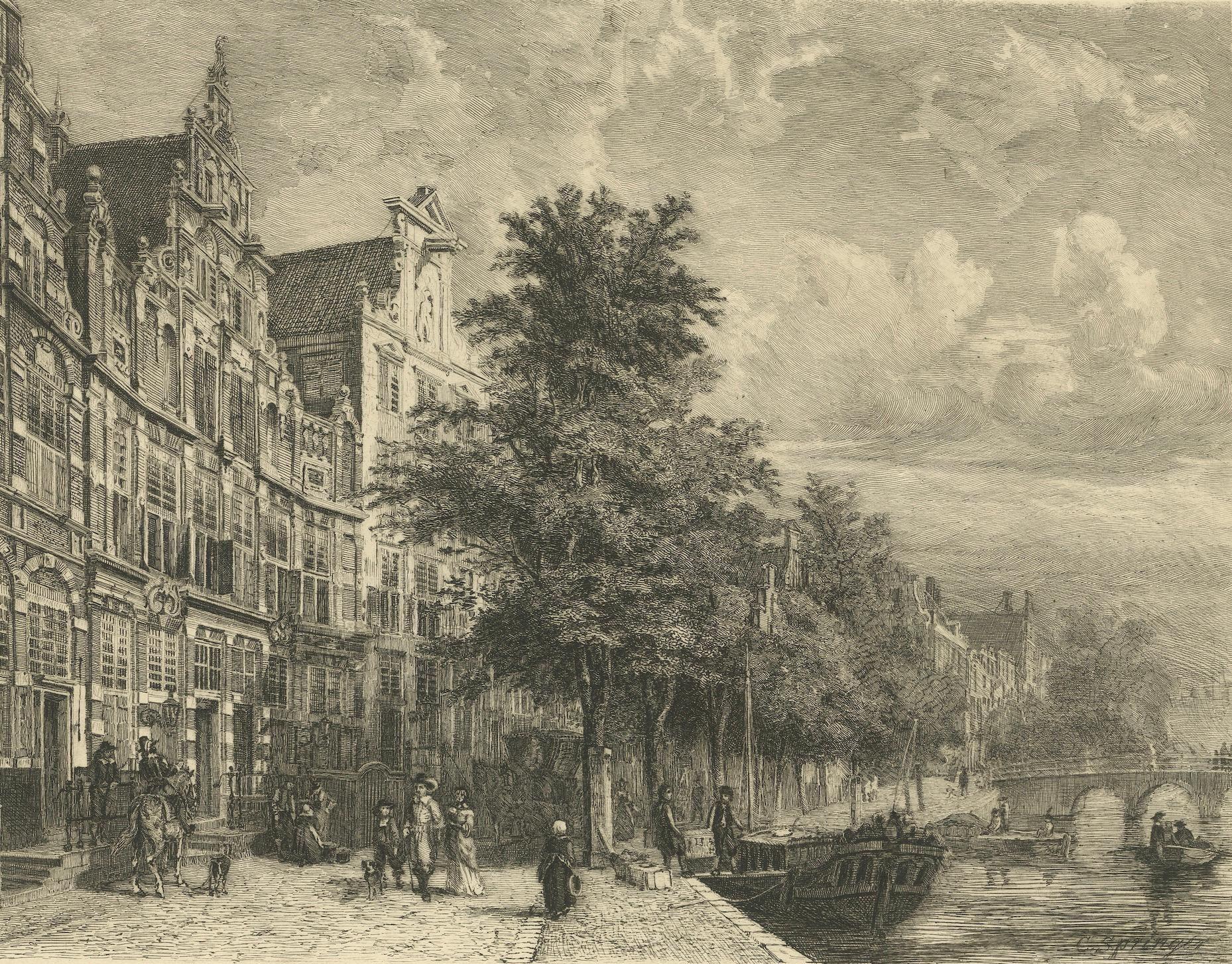 Die elegante Herengracht in Amsterdam: Historische Grachten-Szene, um 1870 (19. Jahrhundert) im Angebot