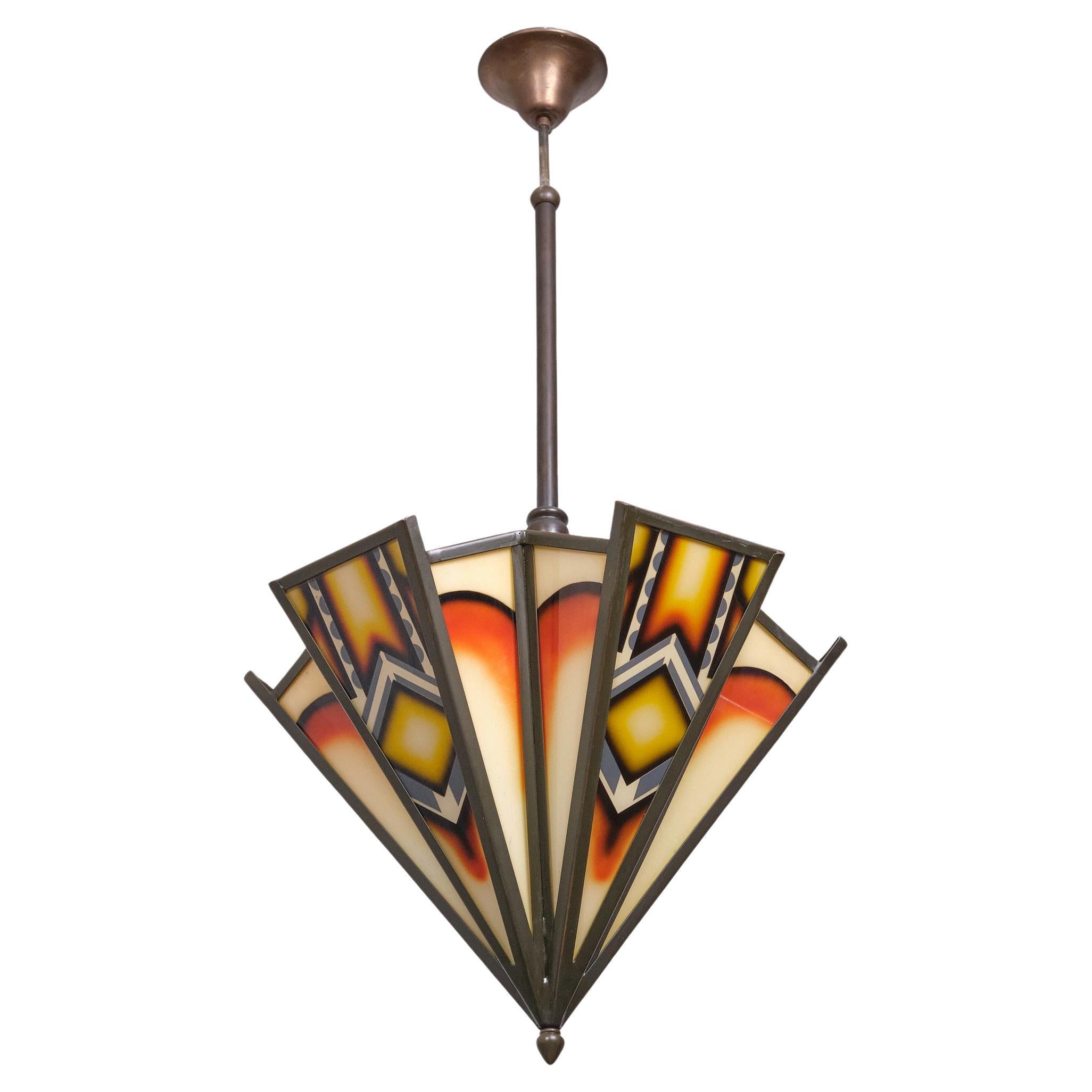 Amsterdamse school  Art Deco  Stained Glass Chandelier  Holland  For Sale