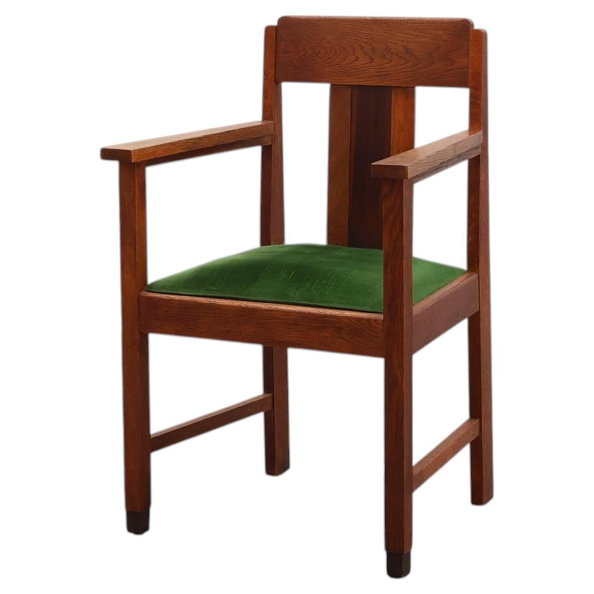 Amsterdamse school oak and velvet side chair, The Netherlands 1920s