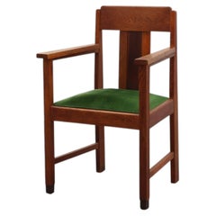 Amsterdamse school oak and velvet side chair, The Netherlands 1920s