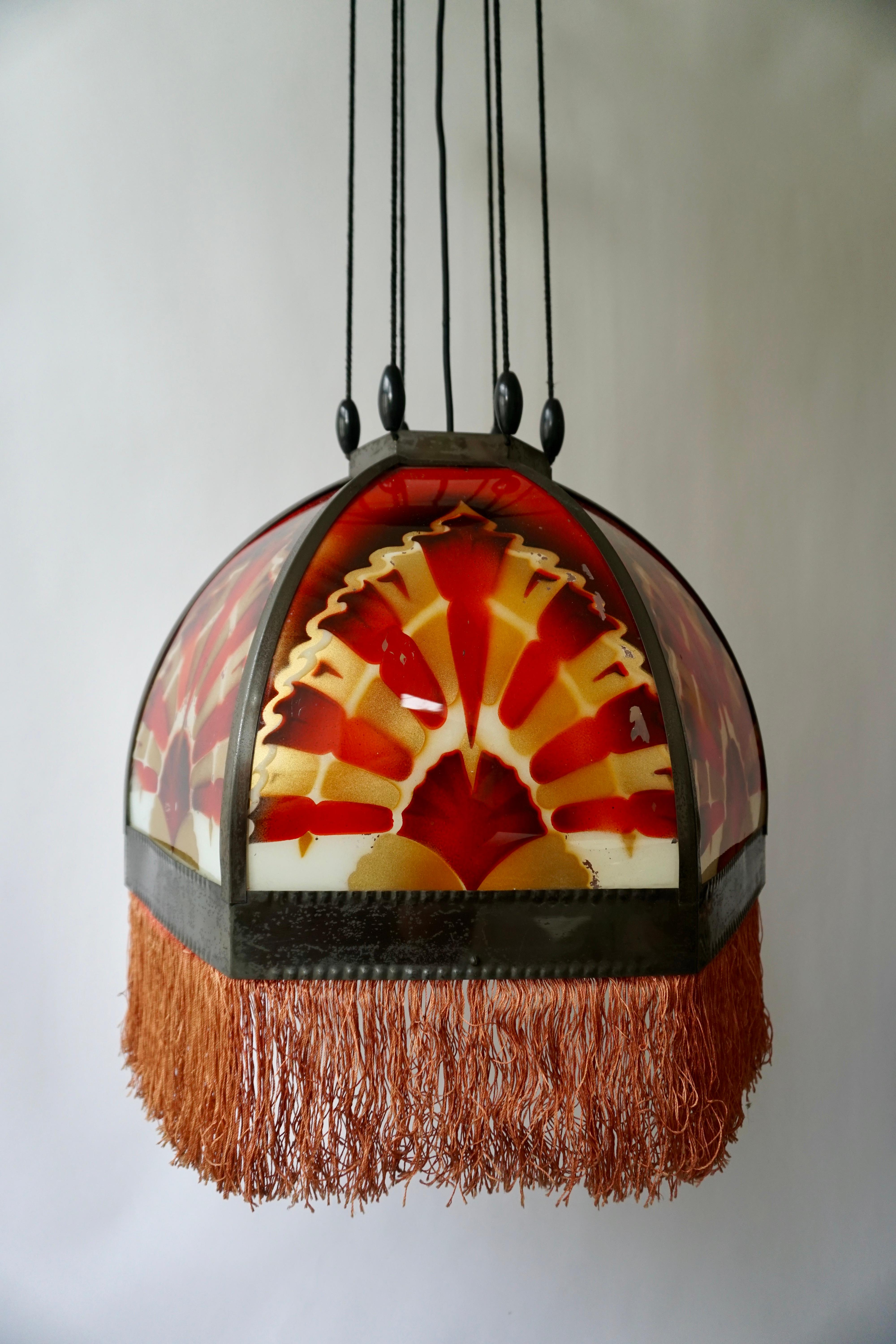 Amsterdamse School Painted Glass Art Deco Pedant Light 5