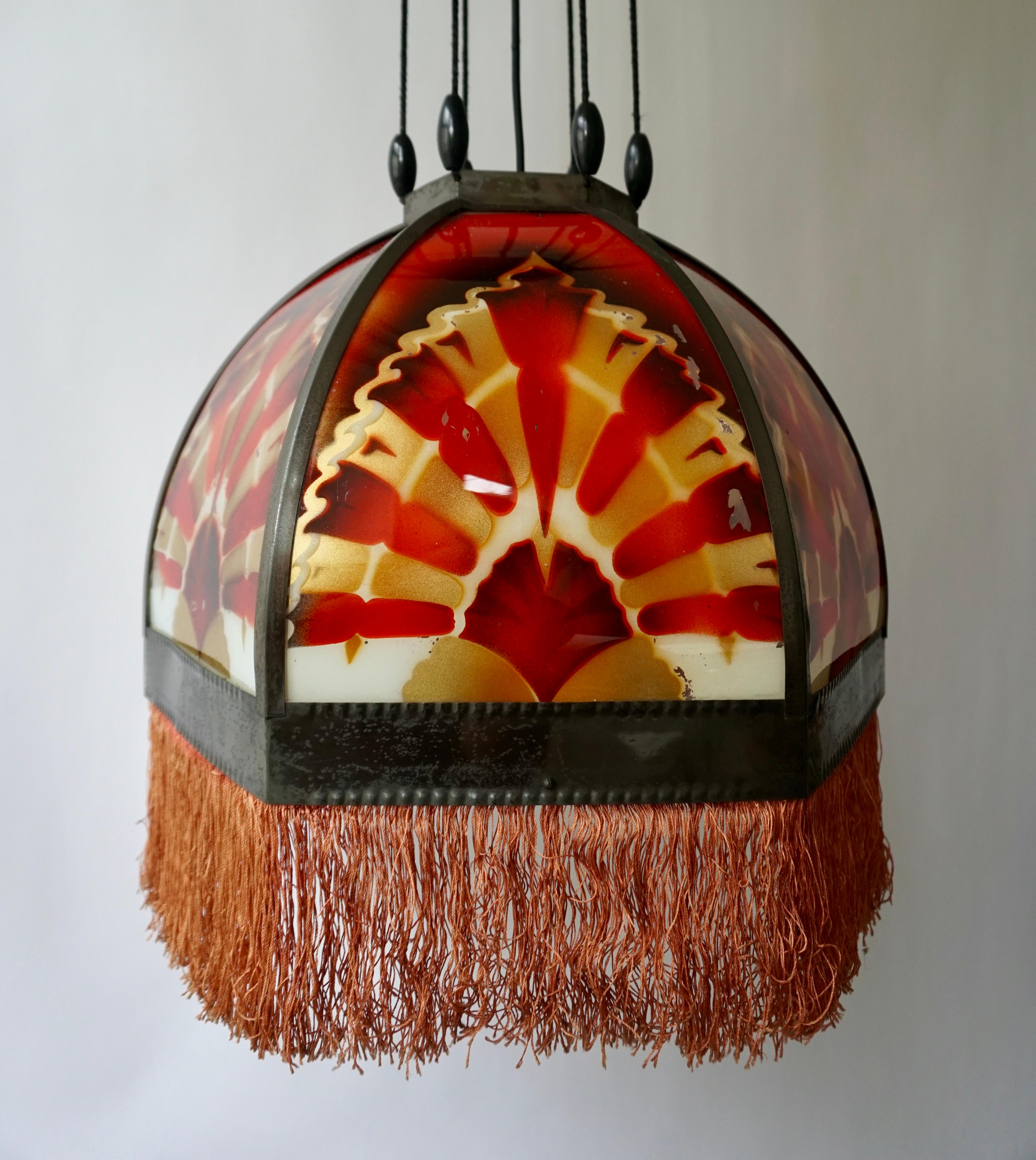 Dutch Amsterdamse School Painted Glass Art Deco Pedant Light