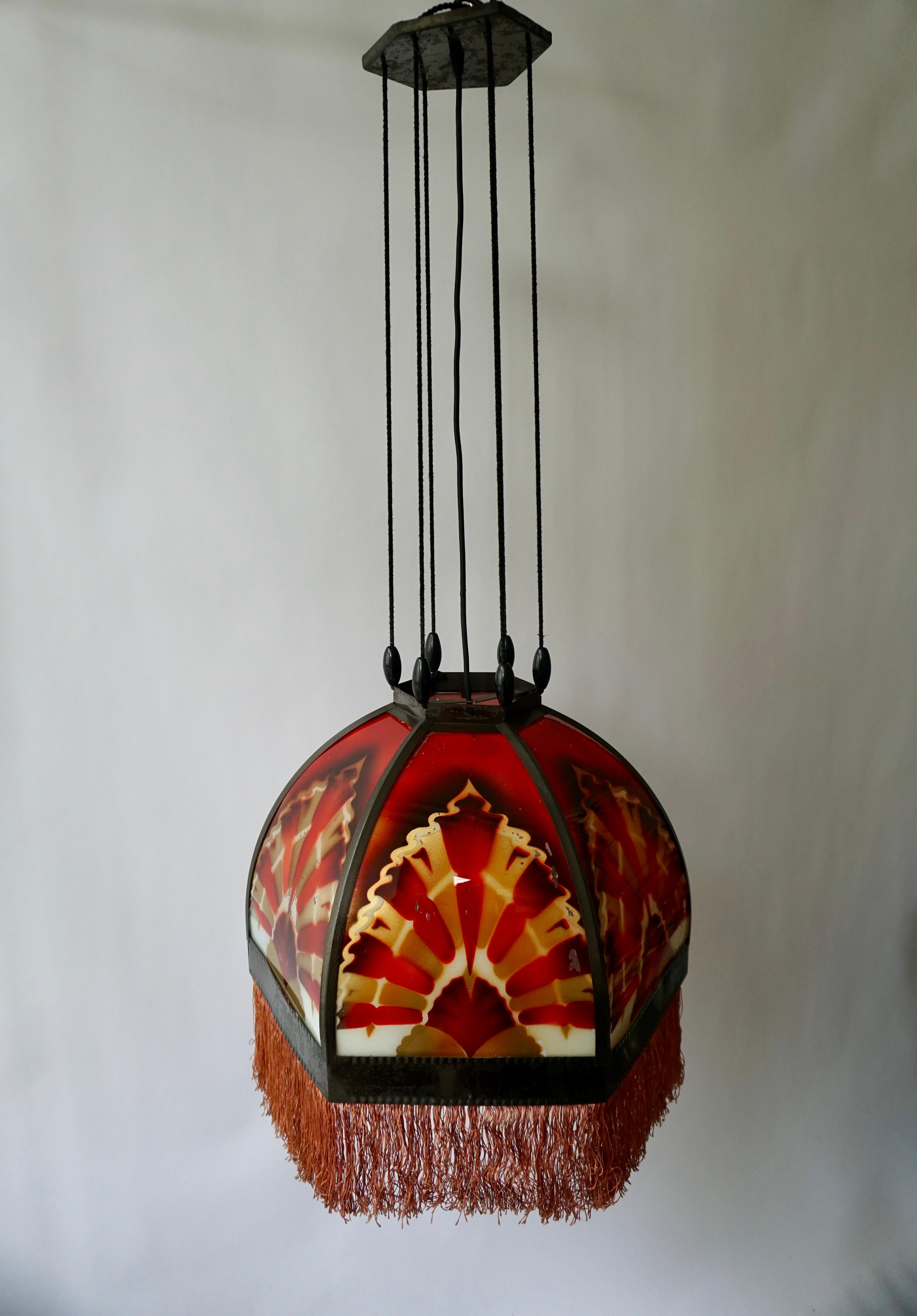 20th Century Amsterdamse School Painted Glass Art Deco Pedant Light For Sale
