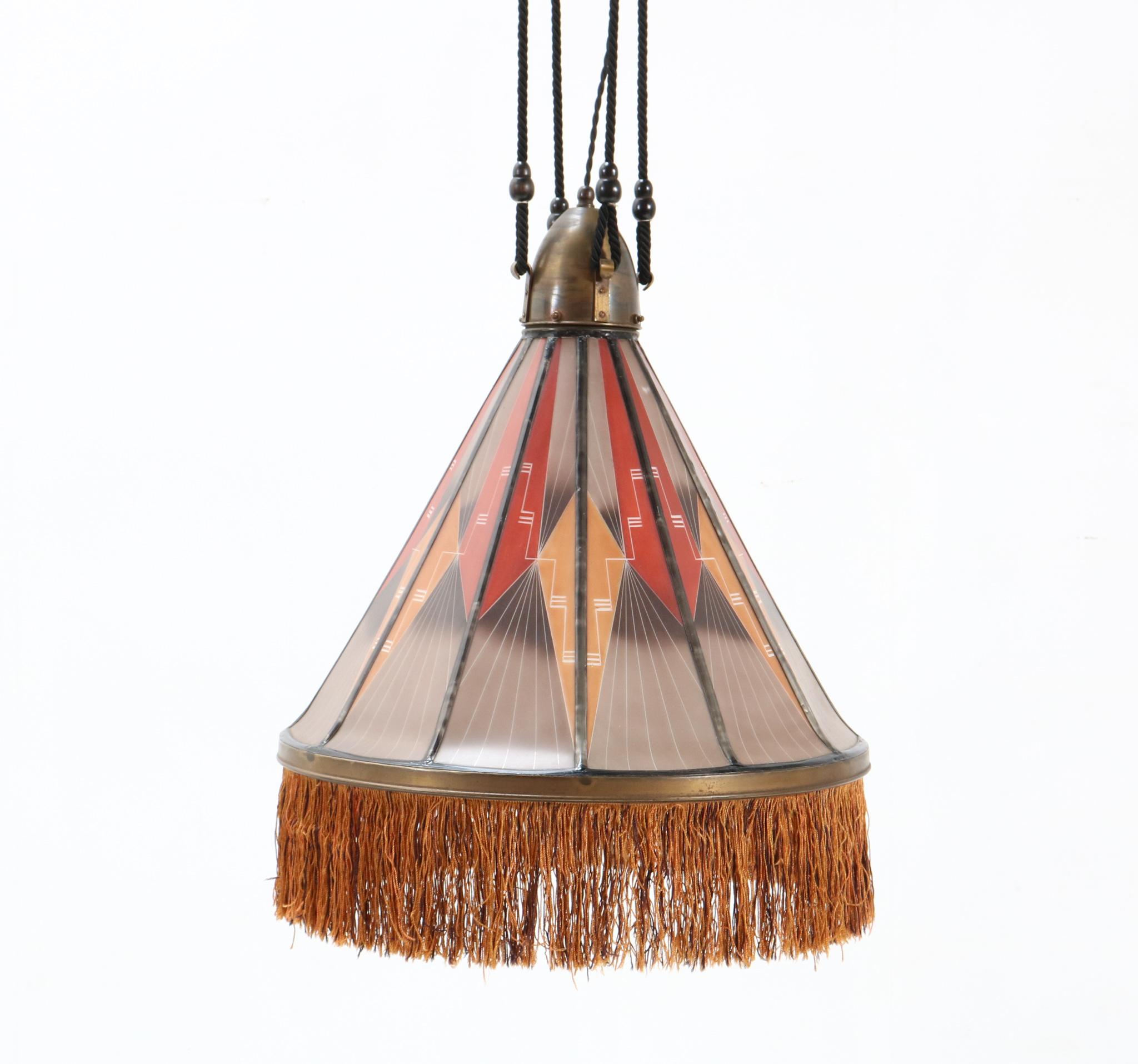 Art Deco Amsterdamse School Stained Glass Chandelier by H.C. Herens for De Nieuwe Honsel