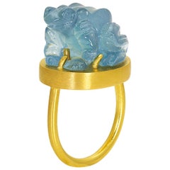 Amulet Ring Blue Aquamarine Frog 22 Karat Yellow Gold