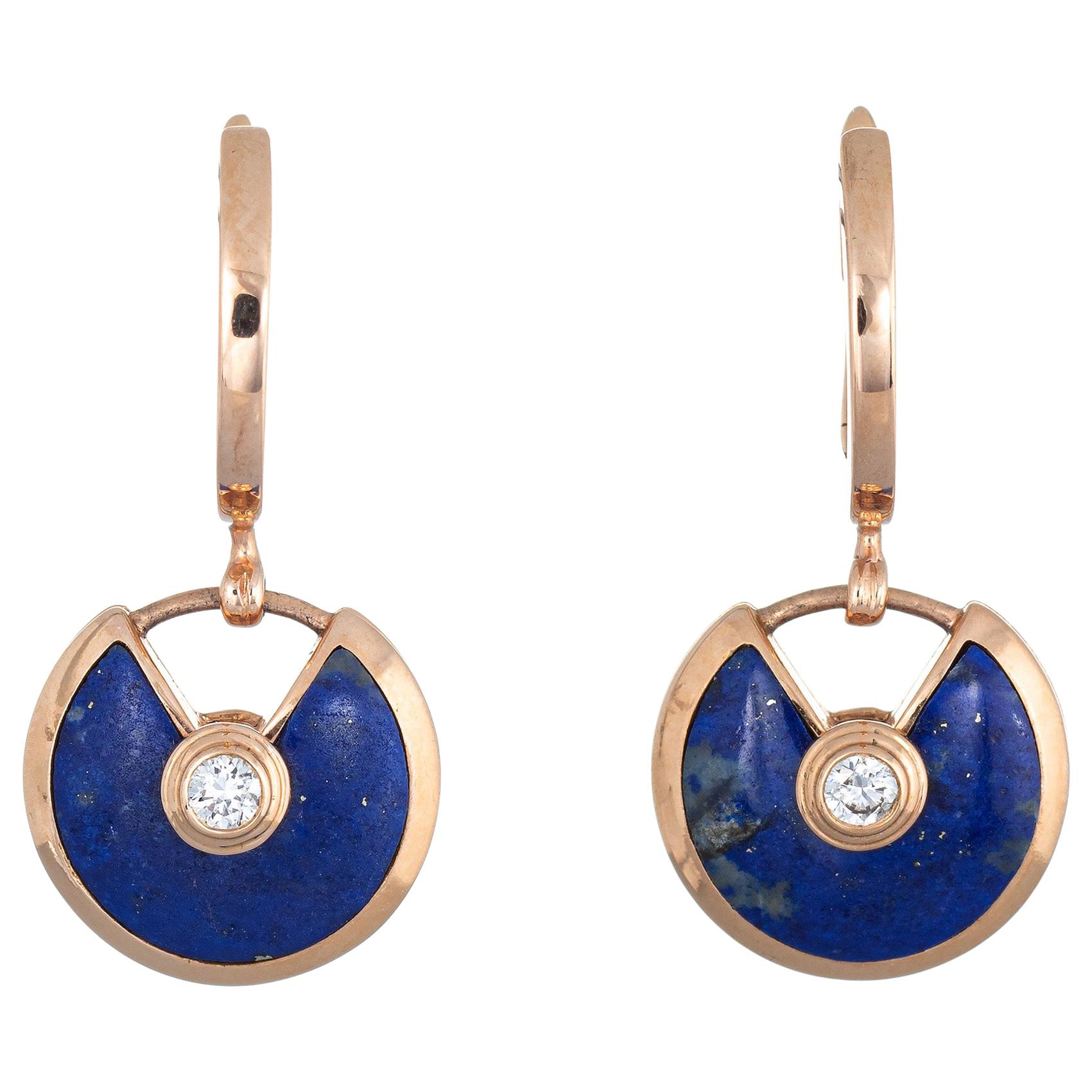 Amulette De Cartier Earrings Lapis Lazuli Diamond 18 Karat Gold Estate Jewelry