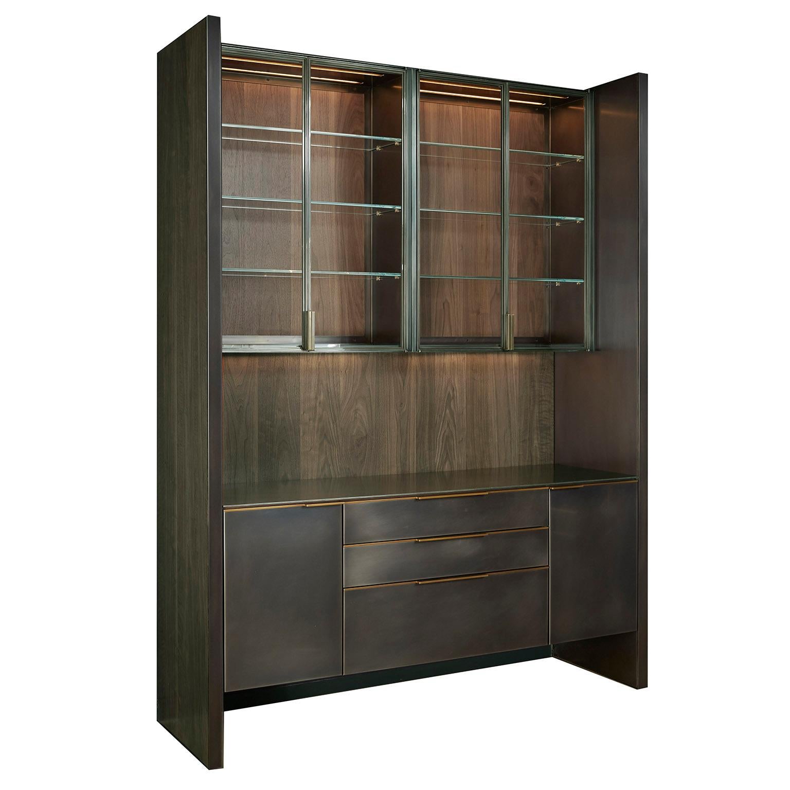 Amuneal's Blackened Stainless Steel + Oak Bar with Floating Glass Cabinets In New Condition For Sale In New York, NY