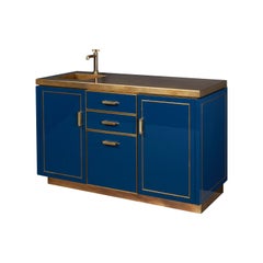 Amuneal's Blue Lacquer Bar Cabinet with Brass Countertop and Integral Sink