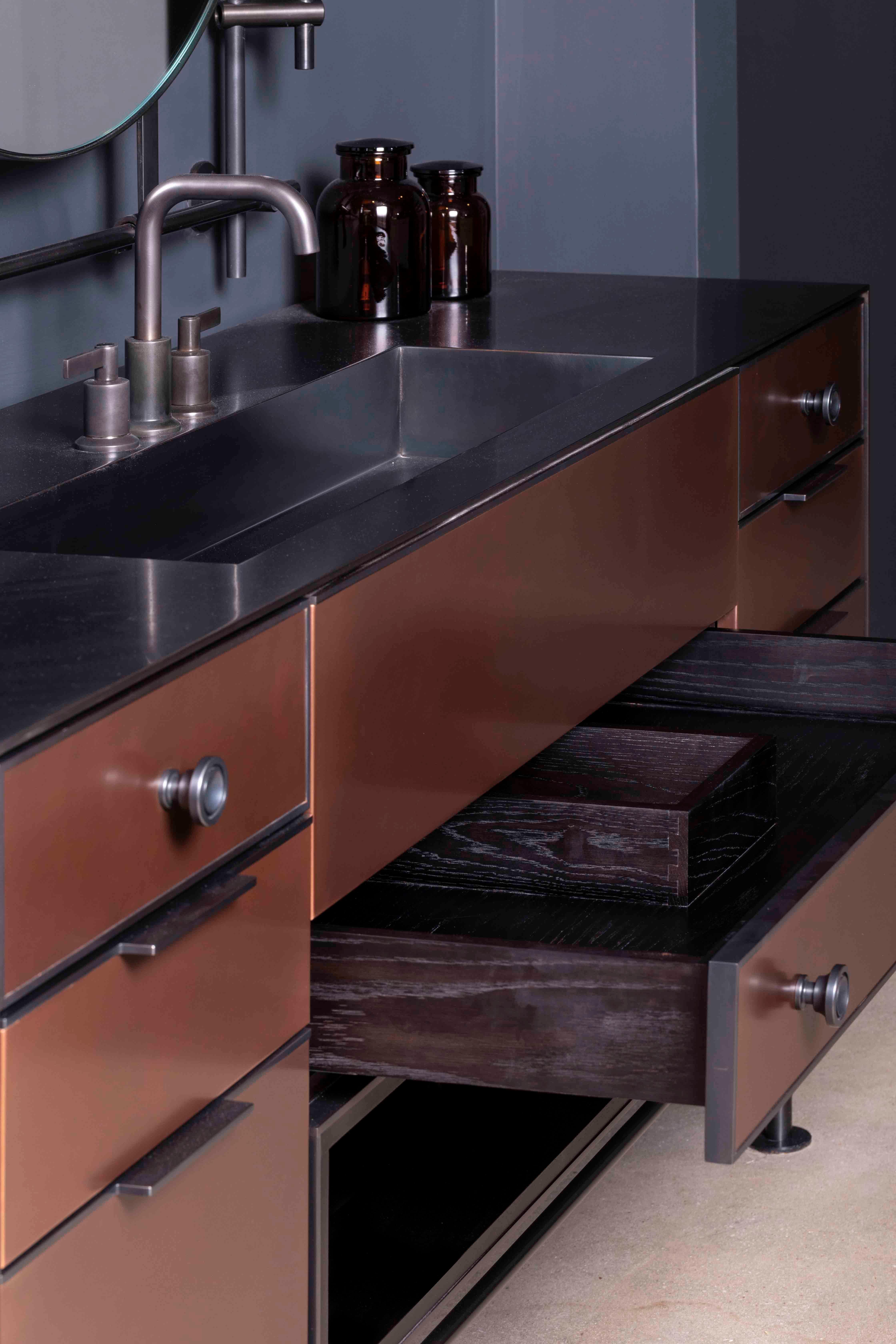 American Amuneal's Copper Vanity with Stainless Steel Surround and Integral sink For Sale