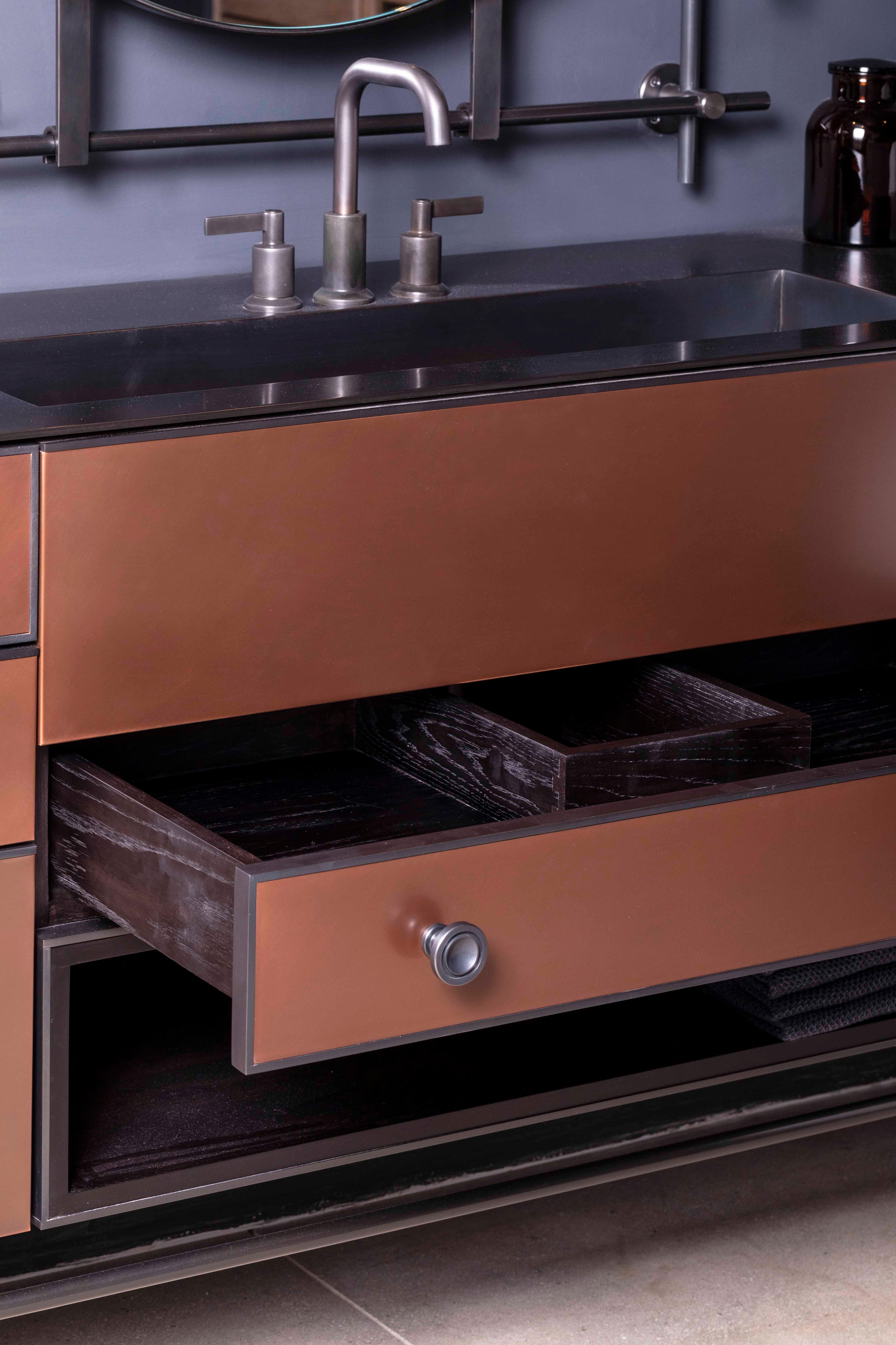 Ebonized Amuneal's Copper Vanity with Stainless Steel Surround and Integral sink For Sale