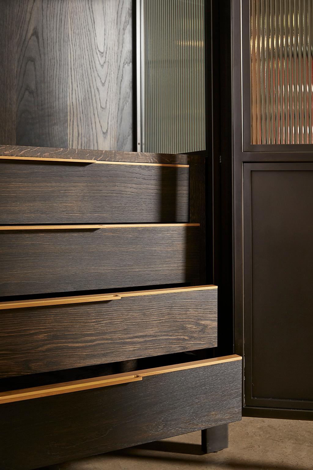 Industrial Amuneal's Blackened Metal + Glass Hutch with Oak Interior For Sale