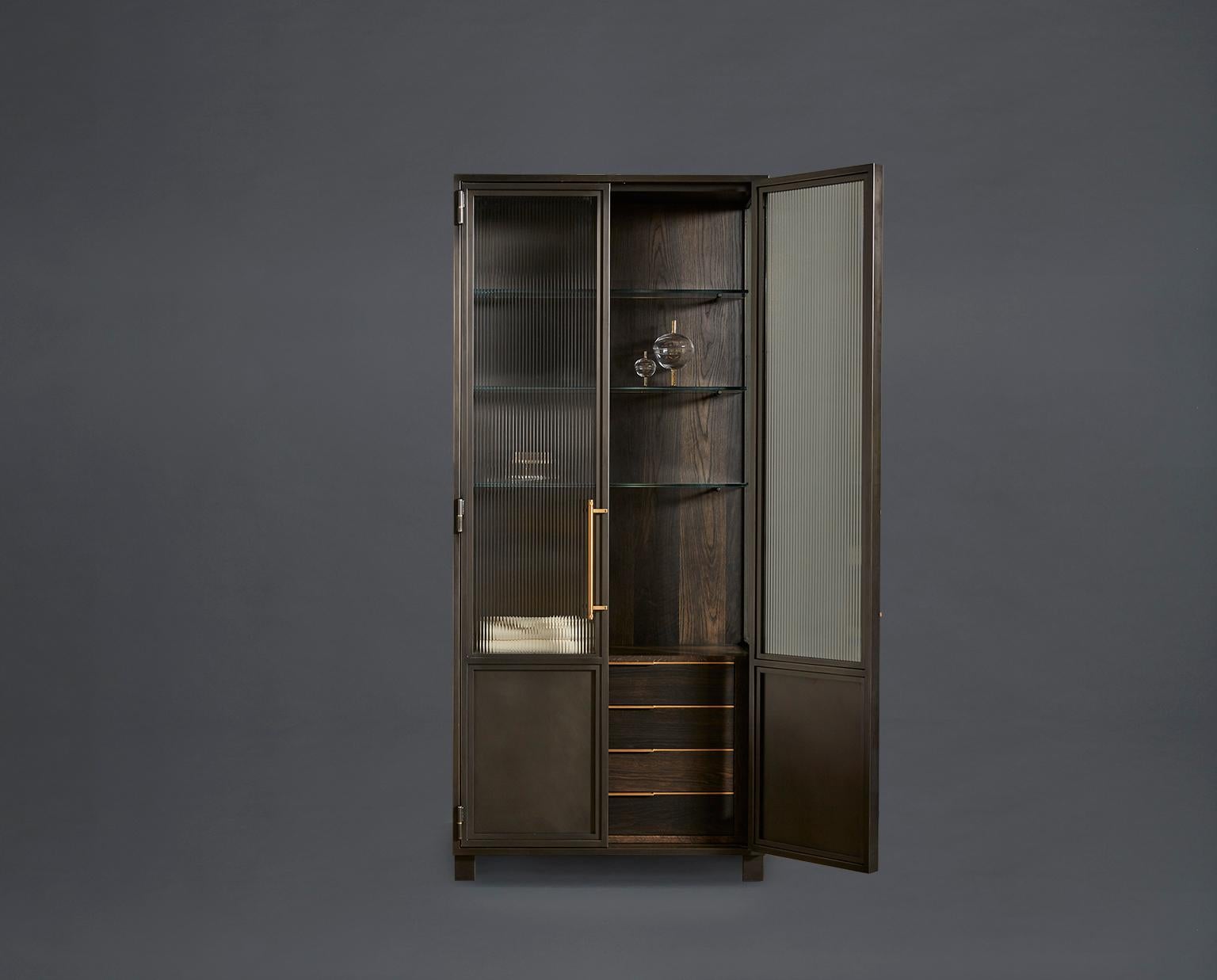 Brass Amuneal's Blackened Metal + Glass Hutch with Oak Interior For Sale