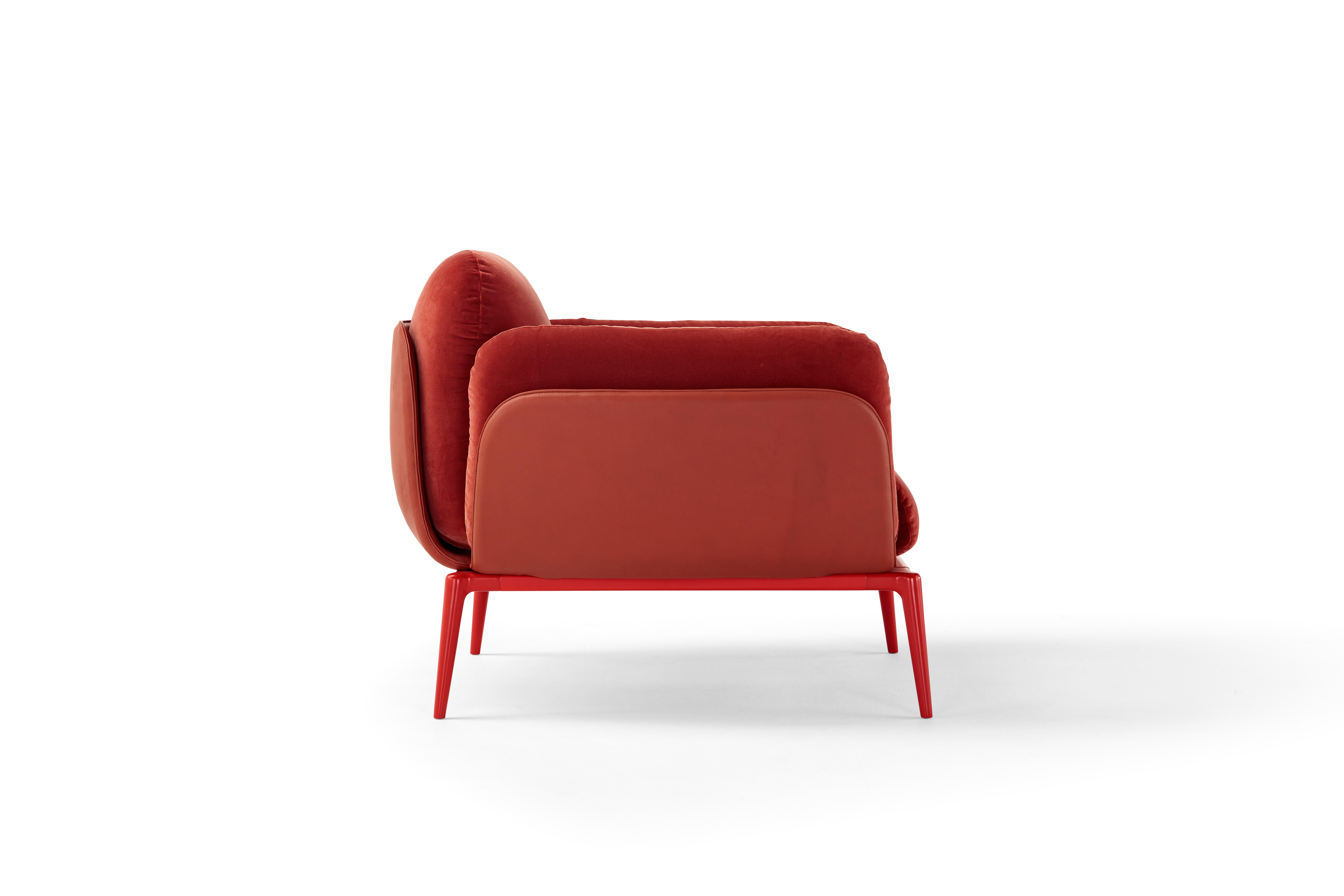 Amura Brooklyn Armchair in Red Leather and Velvet by Stefano Bigi In New Condition For Sale In GRUMO APPULA (BA), IT