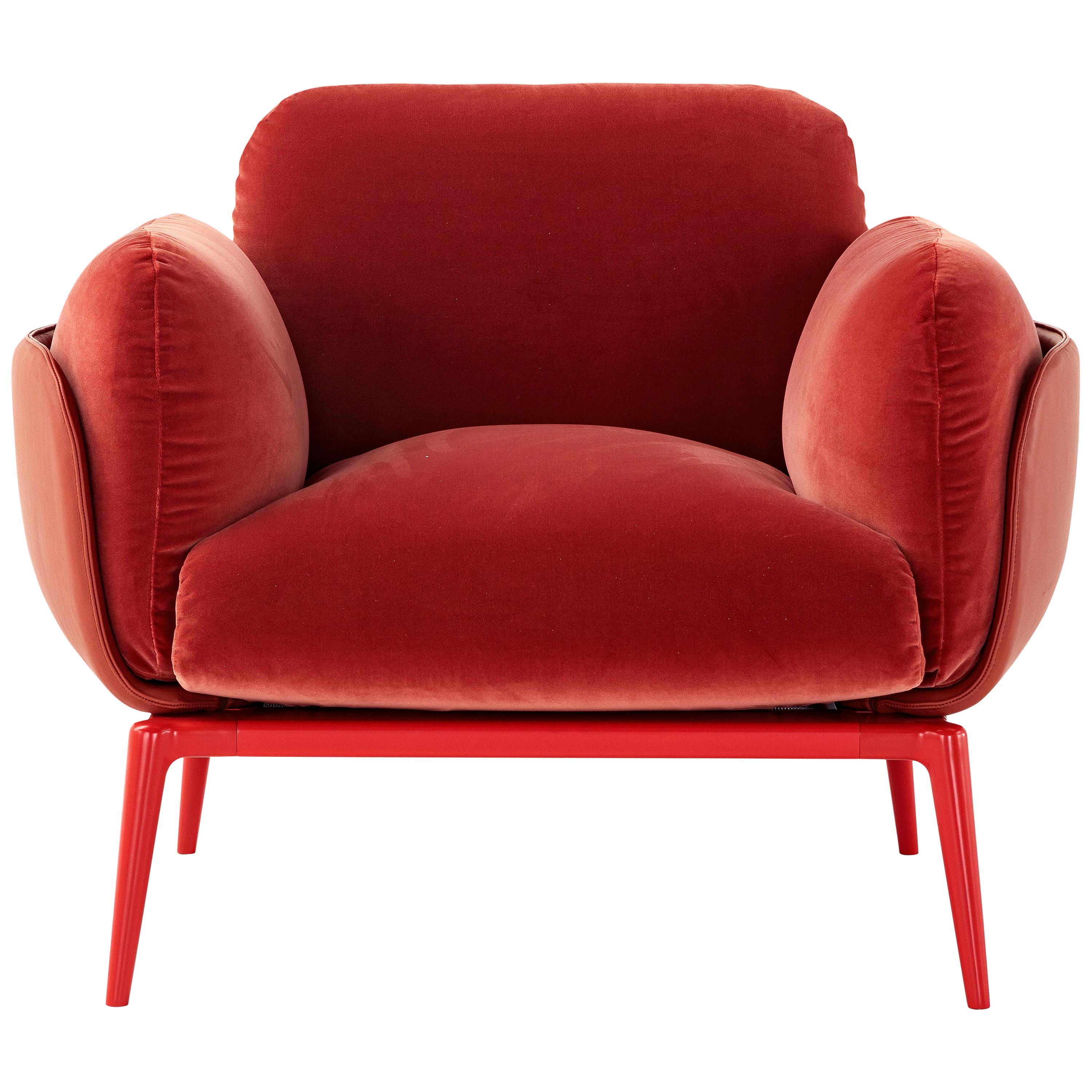 Amura Brooklyn Armchair in Red Leather and Velvet by Stefano Bigi For Sale