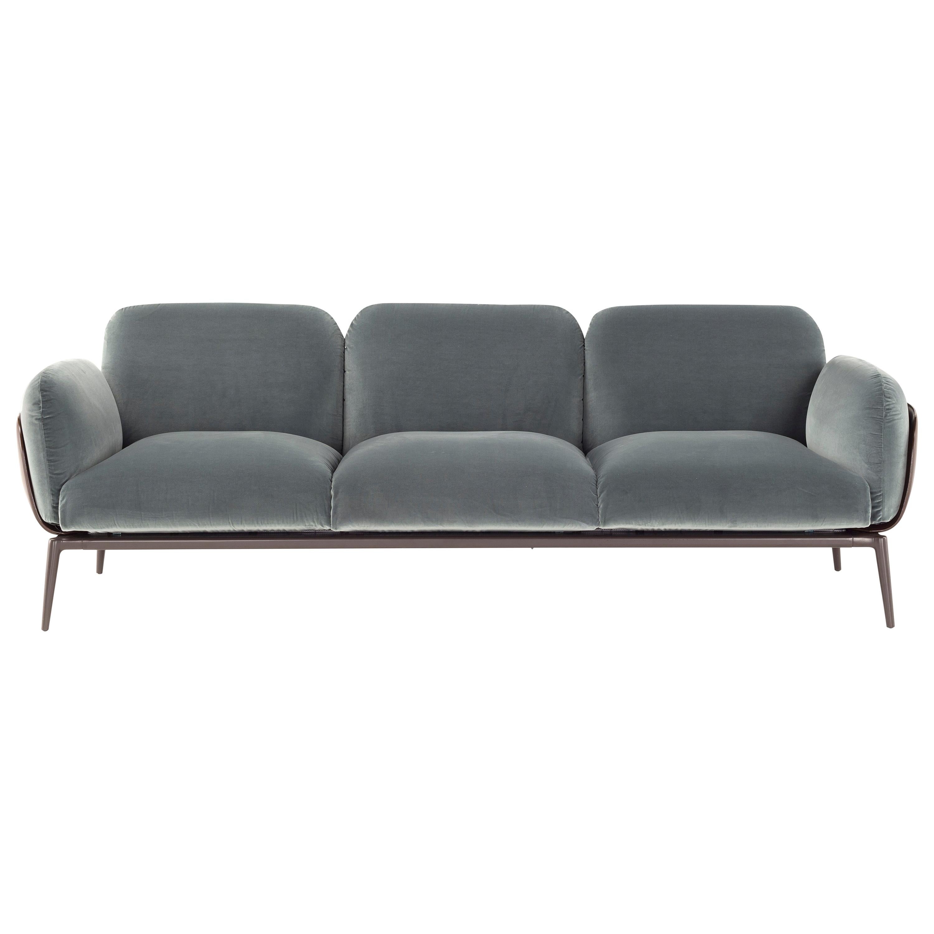 Amura 
Brooklyn
 Sofa in Blue Velvet and Brown Cuoio Leather by Stefano Bigi For Sale