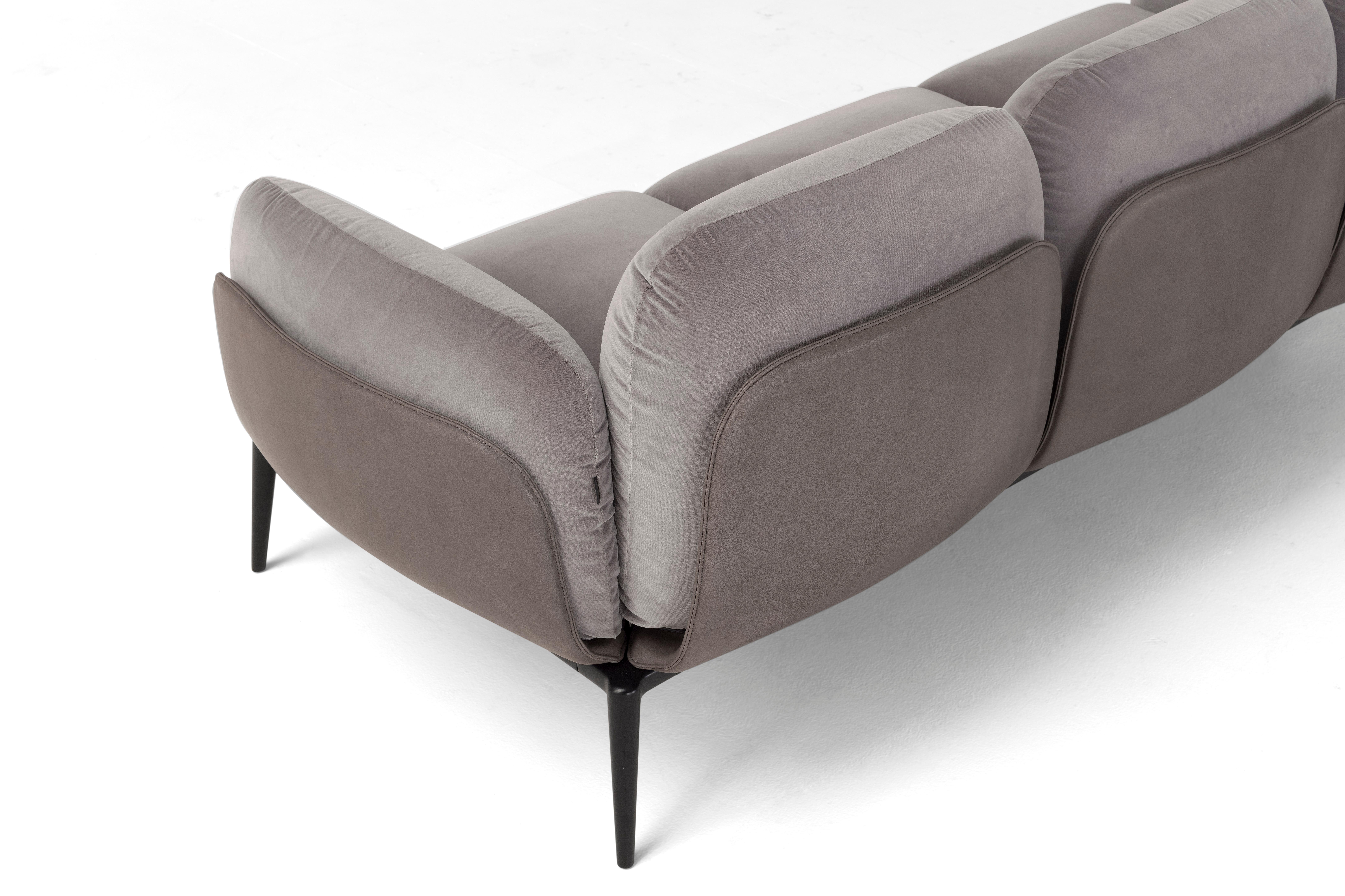 Hand-Crafted Amura 'Brooklyn' Sofa in Grey Velvet and Leather by Stefano Bigi For Sale