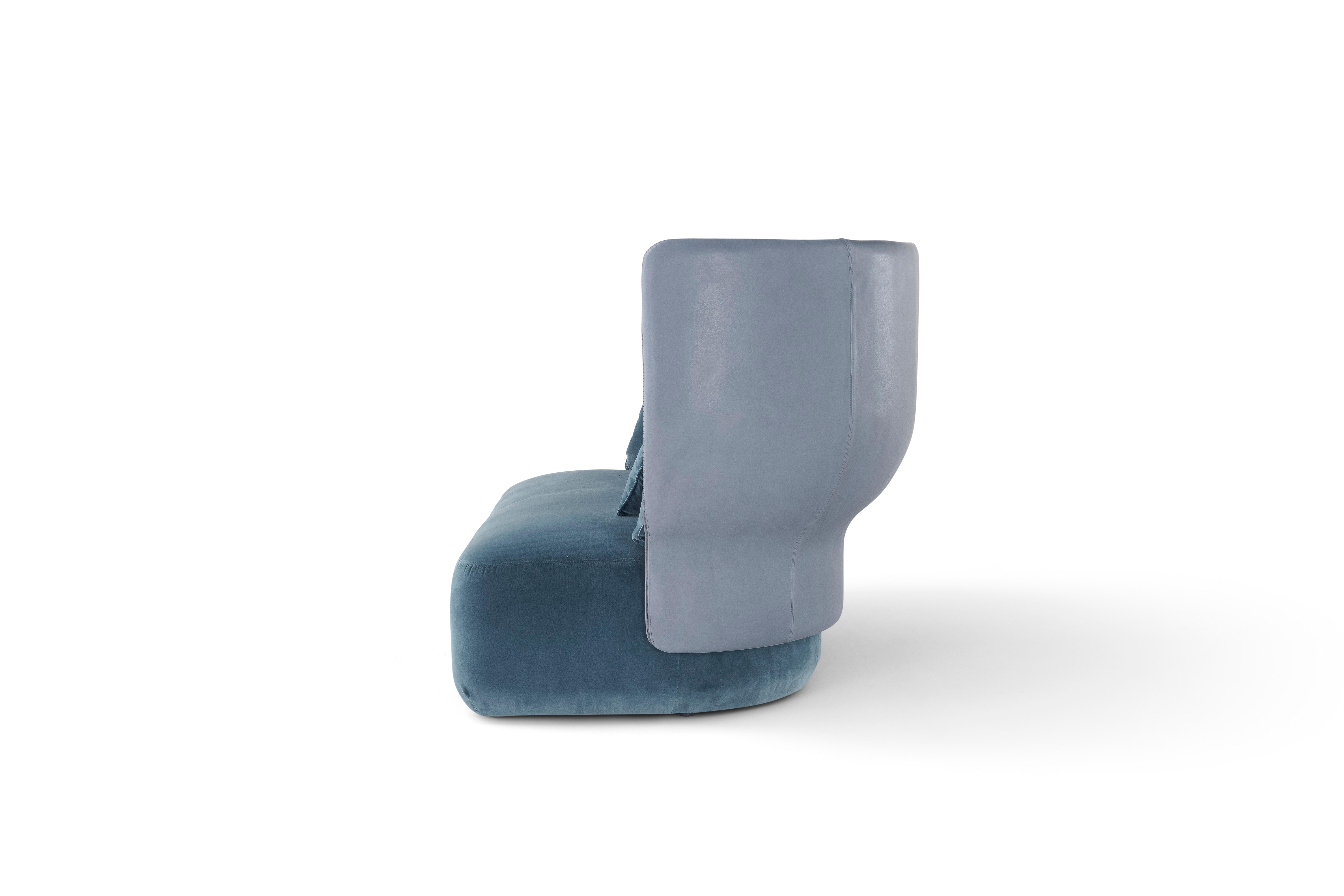 Modern Amura Wazaa Sofa in Blue Soft Leather and Velvet by Stefano Bigi For Sale