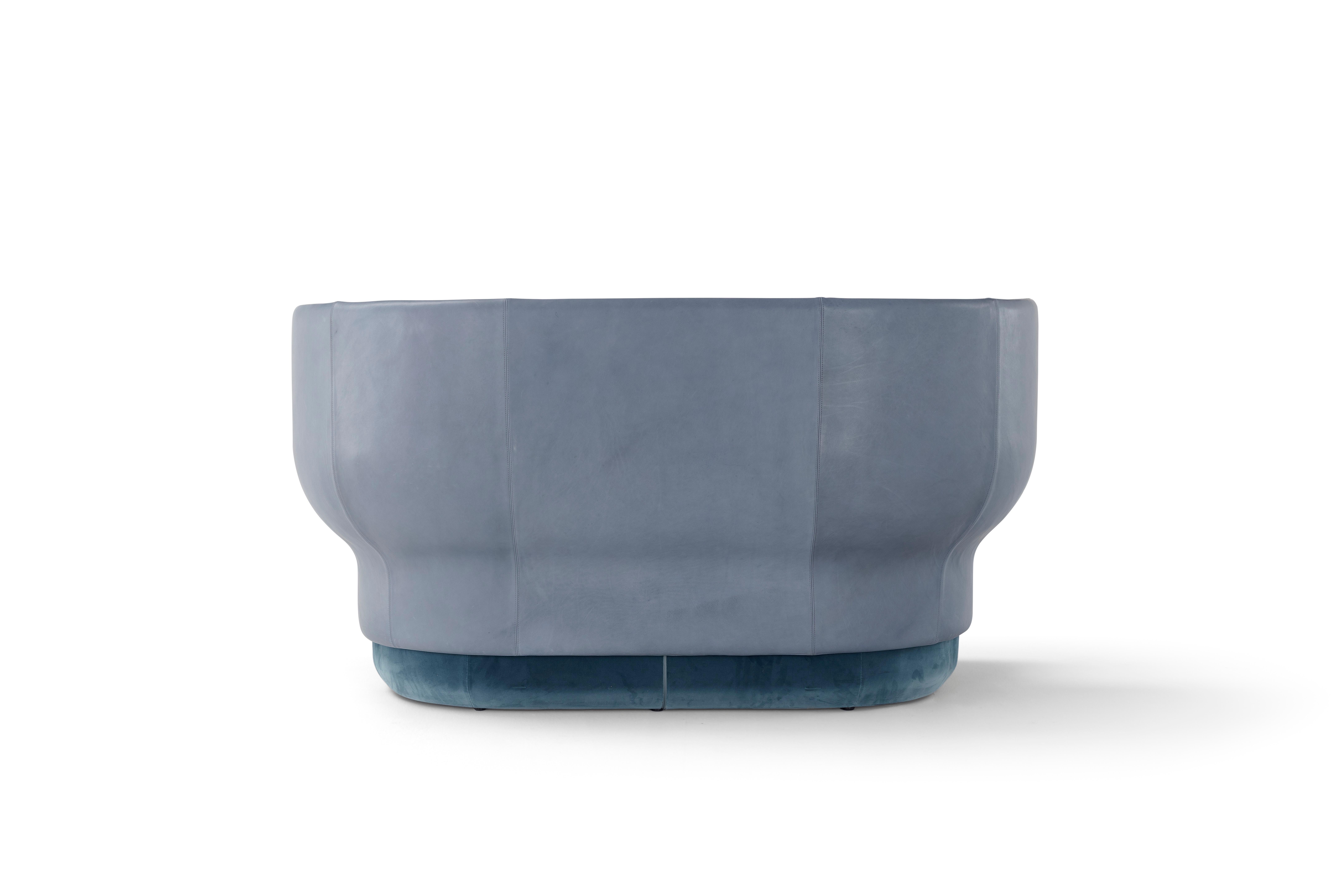 Italian Amura Wazaa Sofa in Blue Soft Leather and Velvet by Stefano Bigi For Sale