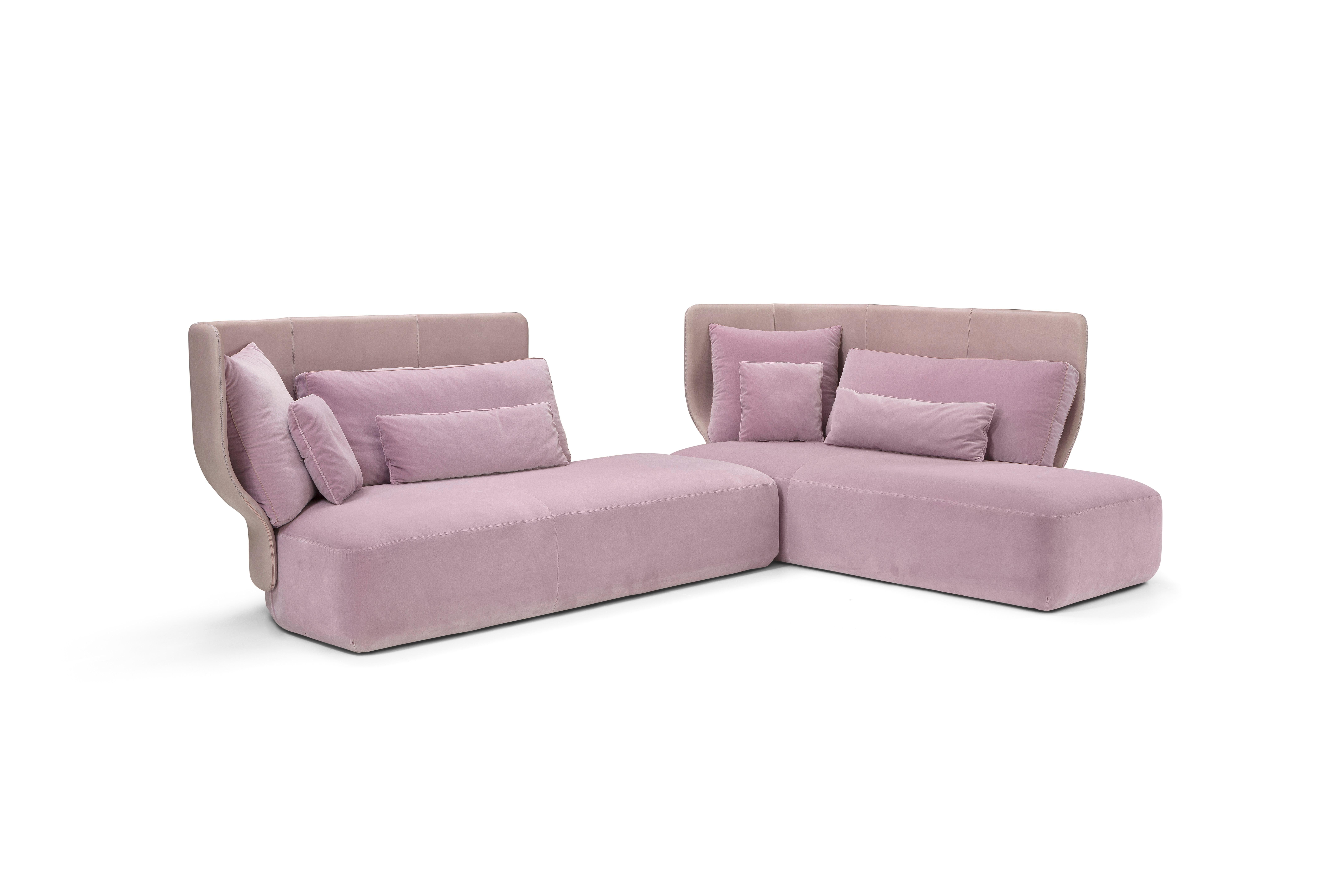 Modern Amura 'Wazaa' Sofa in Tan Leather and Blush Velvet by Stefano Bigi For Sale