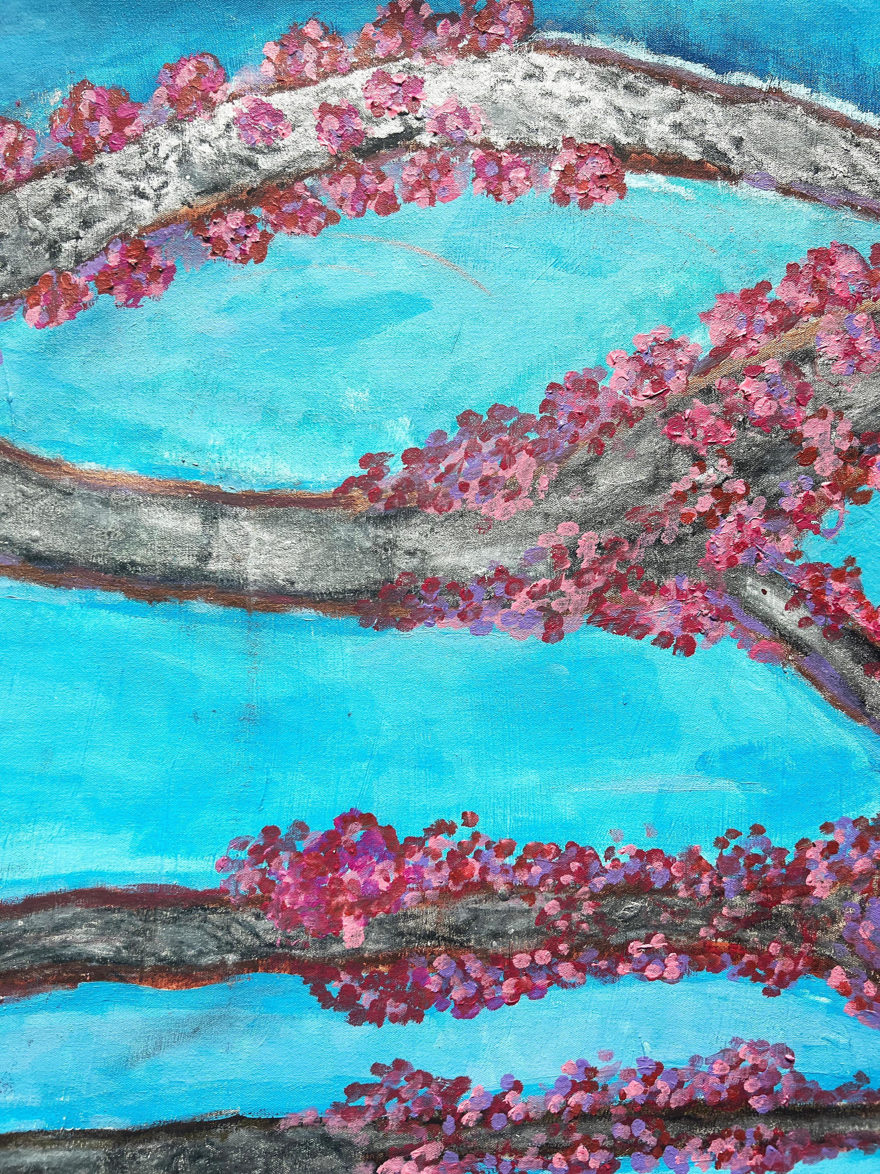 Peinture acrylique contemporaine bleue et rose sur toile, fleurs de cerisier, encadrée - Contemporain Mixed Media Art par a.muse