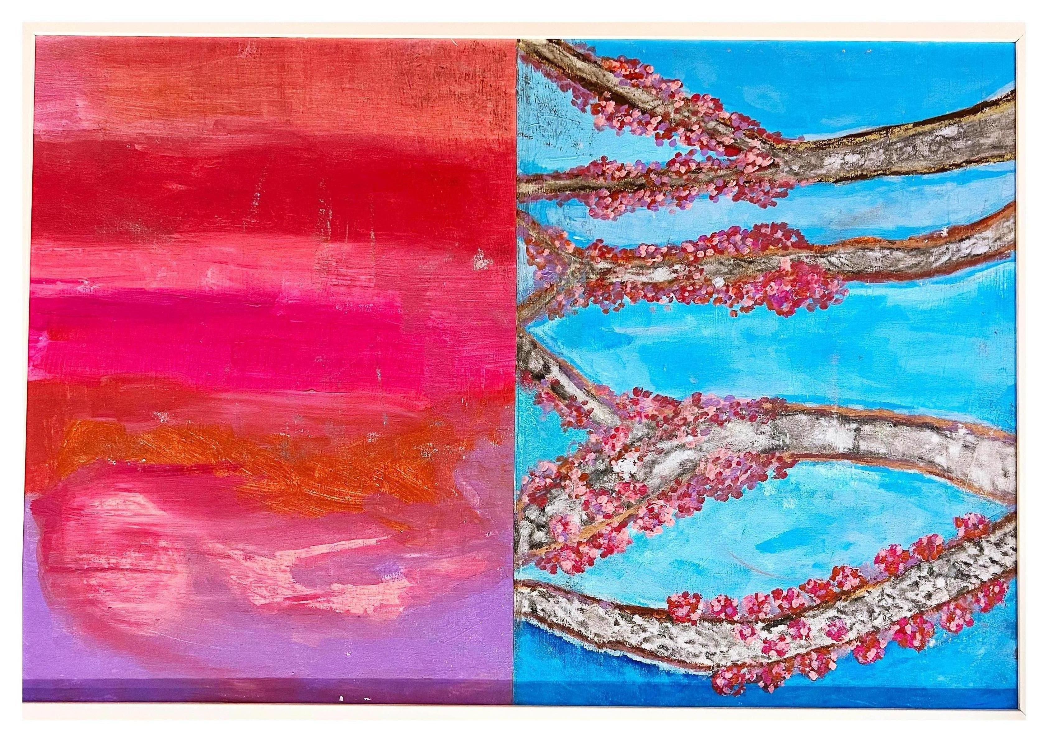 Cherry Blossoms, Contemporary Painting of Trees on Canvas , Framed - Mixed Media Art by a.muse