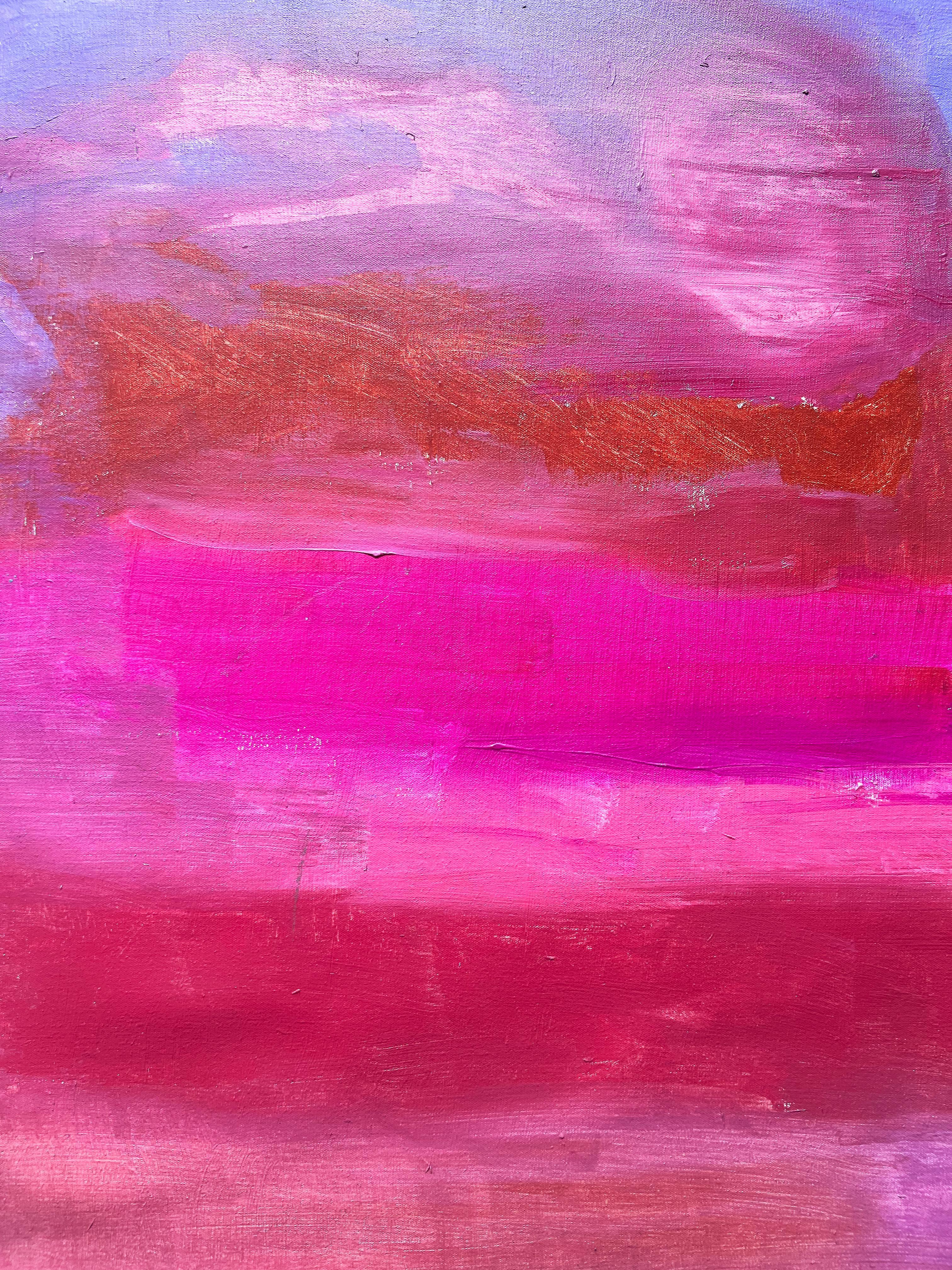 Peinture acrylique contemporaine bleue et rose sur toile, fleurs de cerisier, encadrée en vente 1