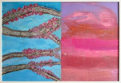 Contemporary Blue and Pink Acrylic Painting on Canvas, Cherry Blossoms, Framed